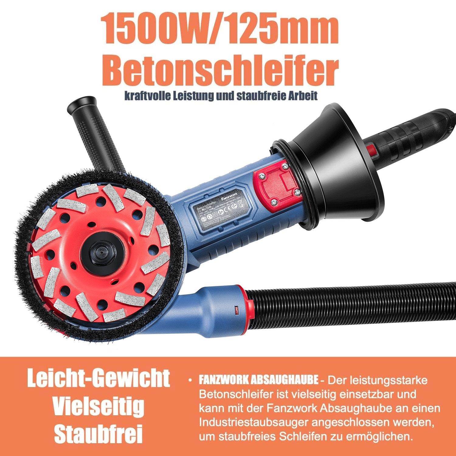 Fanzwork Winkelschleifer 1500W Betonschleifer Drehzahlregelbar, inkl.125mm Diamantschleiftopf, Ideal für Beton, Estrich und Fliesenkleber Schleifen