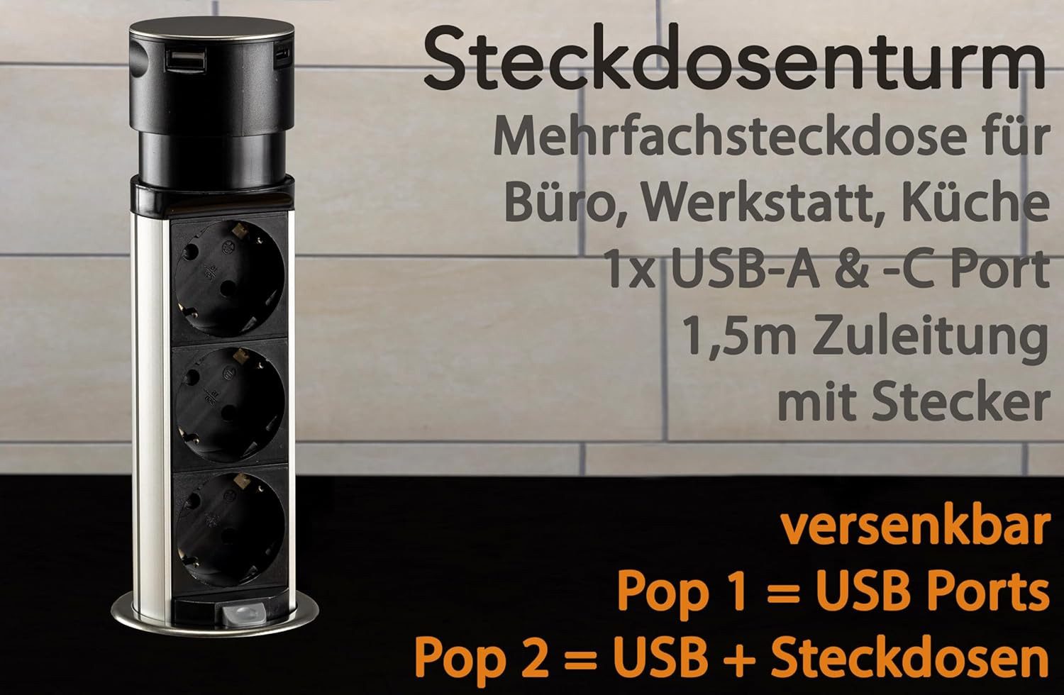 ChiliTec Schreibtisch-Einbausteckdose 3x + 1xUSB A+C versenkbar, Edelstahl, Mehrfachsteckdose