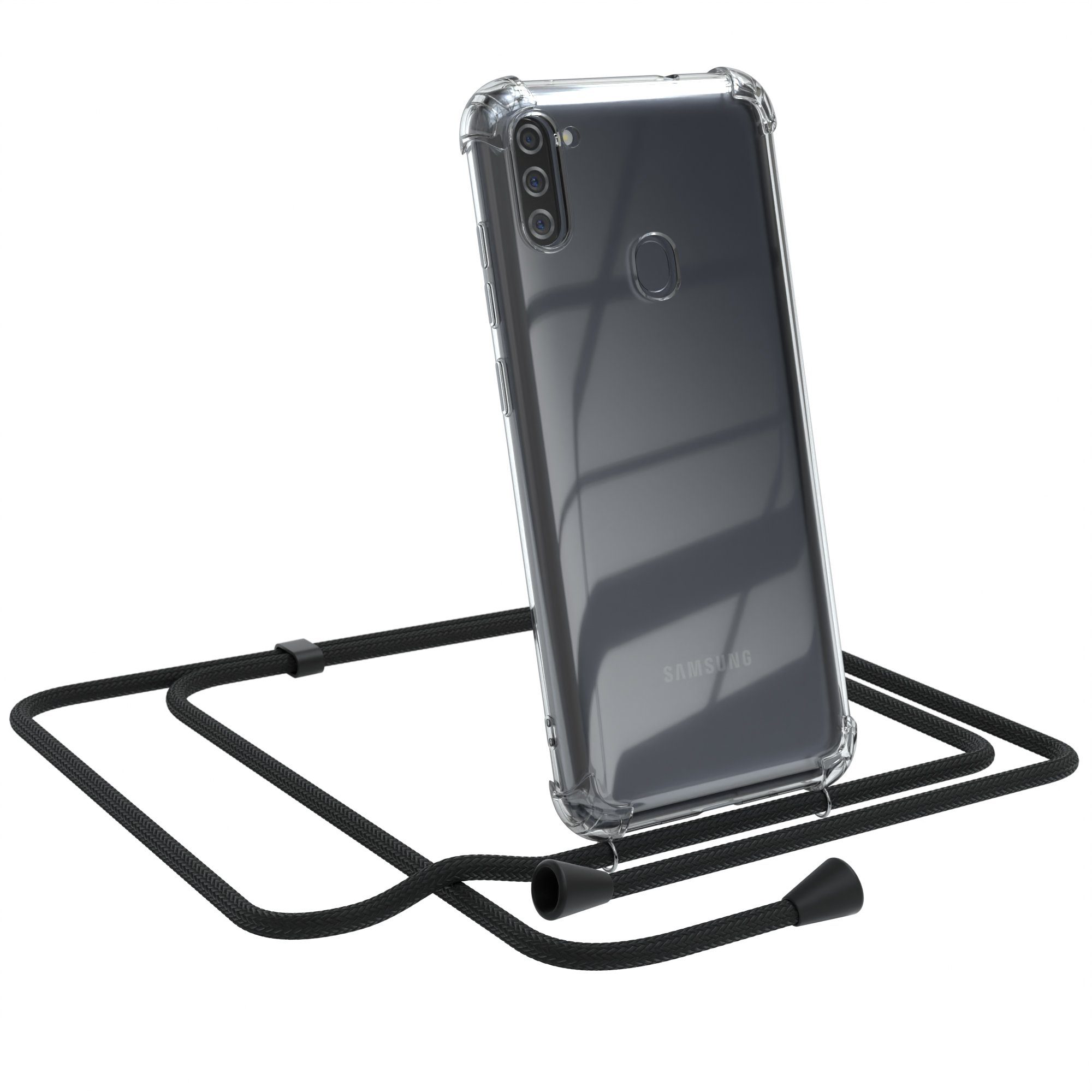 EAZY CASE Handykette Clips Schwarz für Samsung Galaxy M11 6,4 Zoll, Slimcover mit Umhängeband Case Handytasche Clear Backcover Schwarz