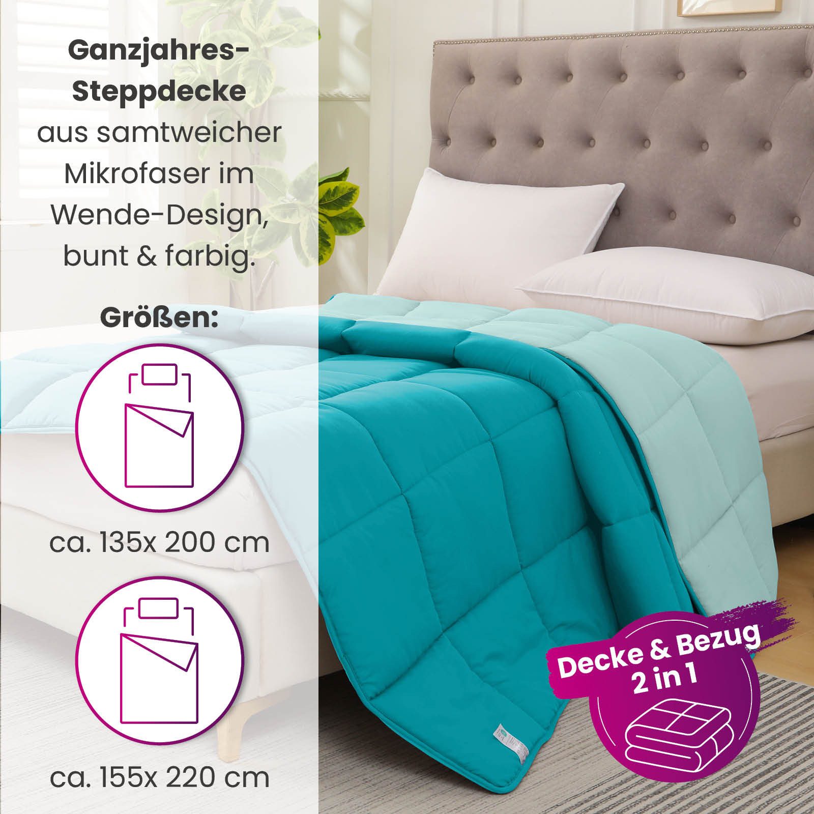 wometo Microfaserbettdecke Ganzjahr Steppbett Bi-Color 135x200 cm, Füllung: Kunstfaser, OEKO-TEX®, gesteppte Bettdecke für Herbst & Winter
