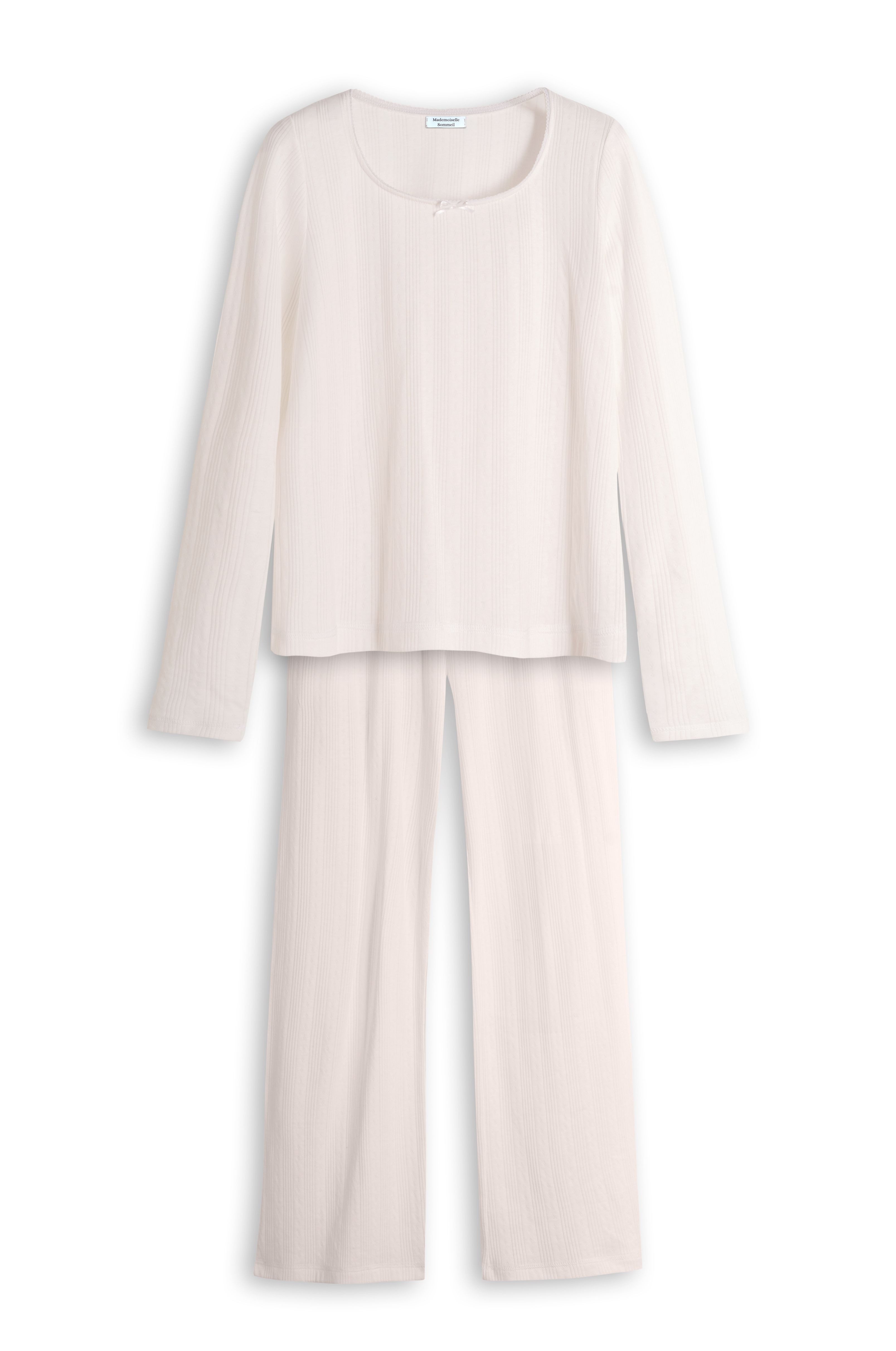 Mademoiselle Sommeil Pyjama Damen Schlafanzug aus Weißem Pointelle-Strick 100% Baumwolle, Langarm, Seitentaschen, gefertigt in Polen