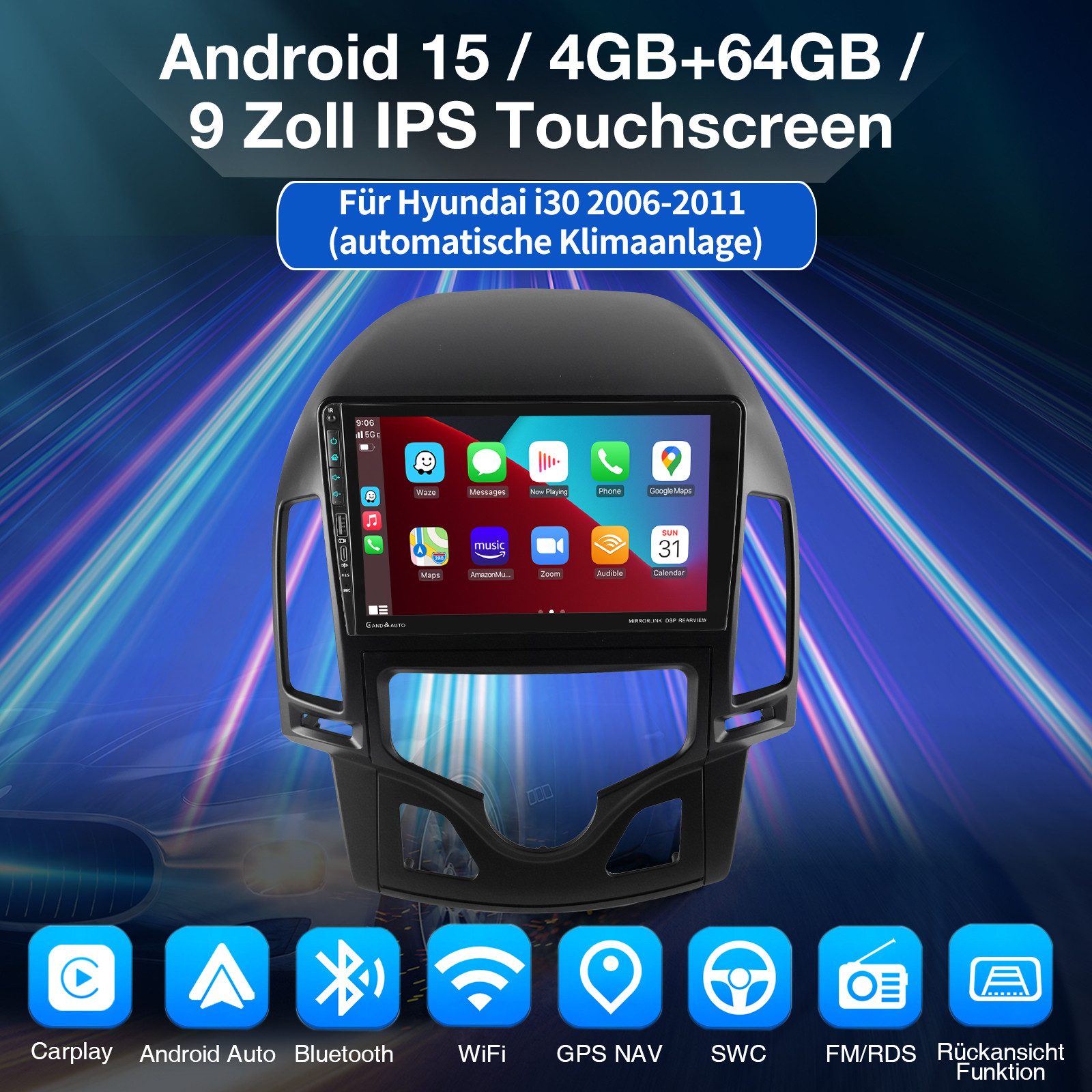 ESSGOO DAB+ 64G Für Hyundai I30 2006-11 Android 15 Autoradio Carplay GPS Navi Autoradio (RDS, 4+64GB(optional), Digitalradio (DAB), FM, AM, Carplay Android Auto Bluetooth EQ USB GPS Navi WIFI Touchscreen)