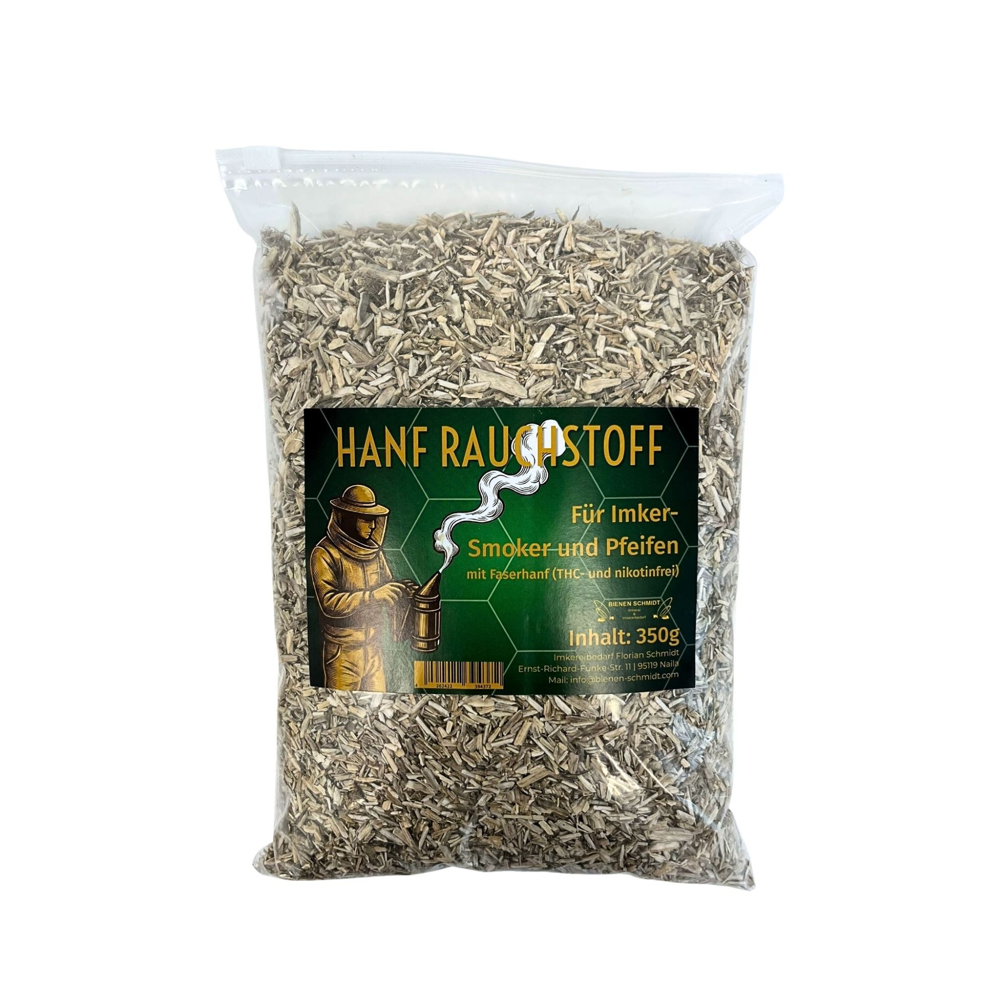 BIENEN SCHMIDT Räucherspäne Smoker Rauchstoff für Bienen nikotinfrei aus Hanf, 0,35 kg, 350g Beutel mit praktischem Gleitverschluss