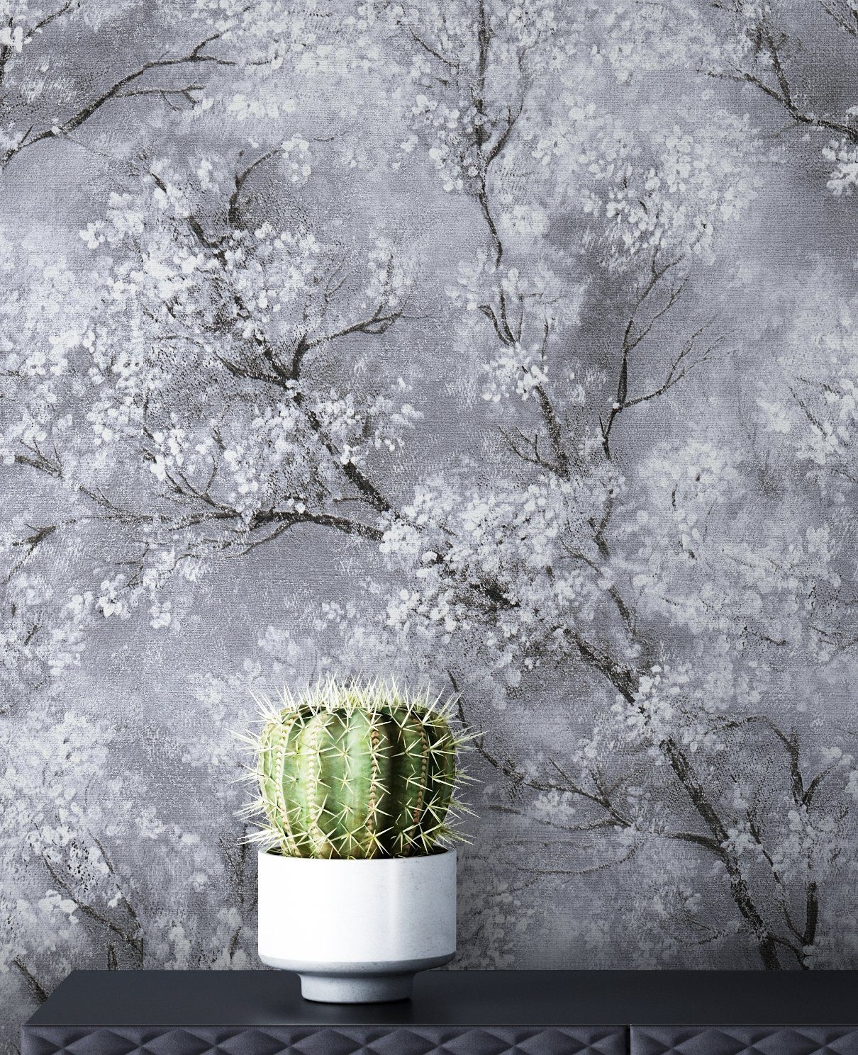 Newroom Vliestapete Bene Muster 1, Grau Tapete Leicht Glänzend Floral - Blumentapete Mustertapete Weiß Schwarz Baum Modern für Schlafzimmer Wohnzimmer Küche, Mustertapete