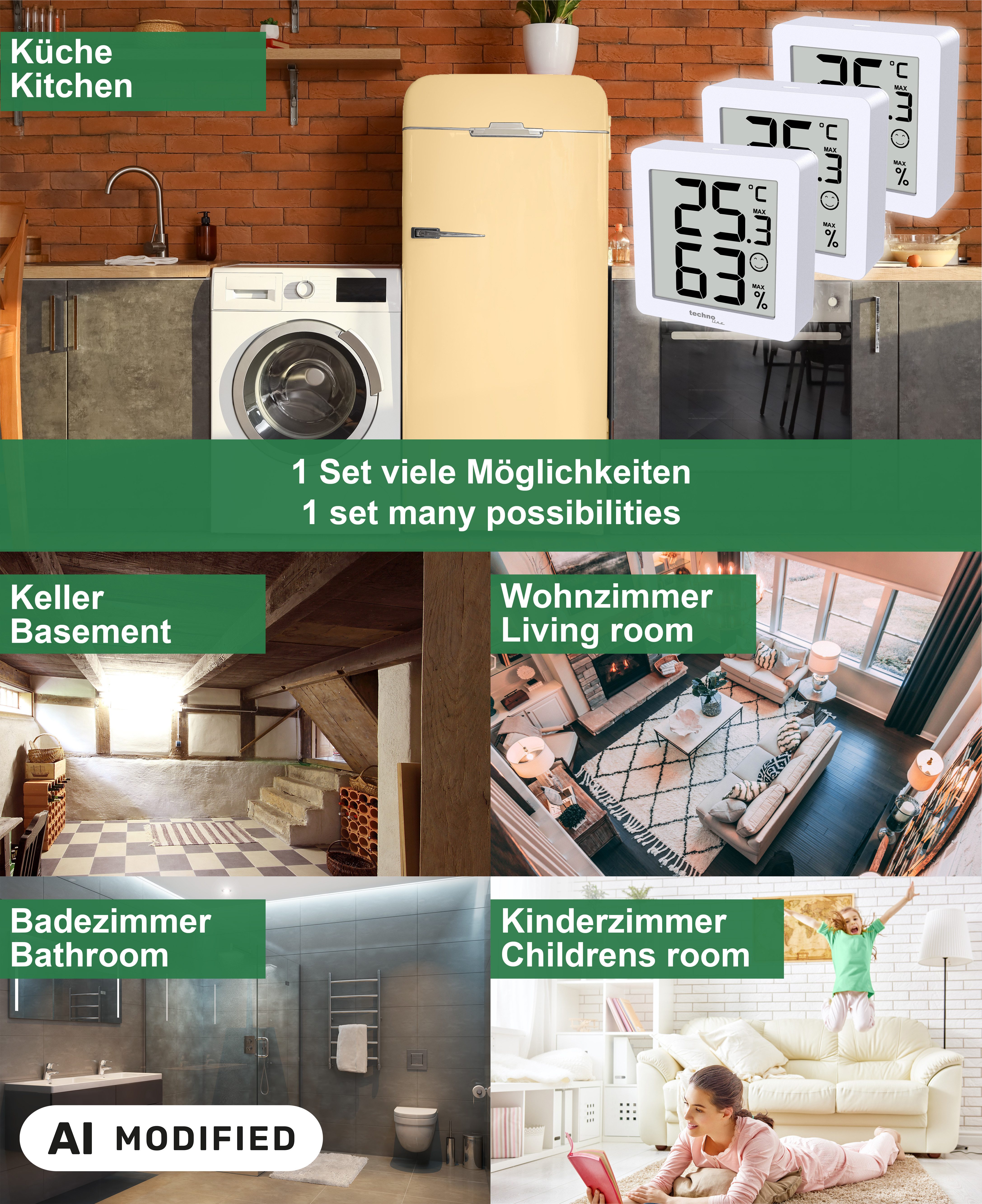 technoline Raumthermometer WS 9425, 2+1 Sparset, 3er Set, mit Raumkomfortanzeige