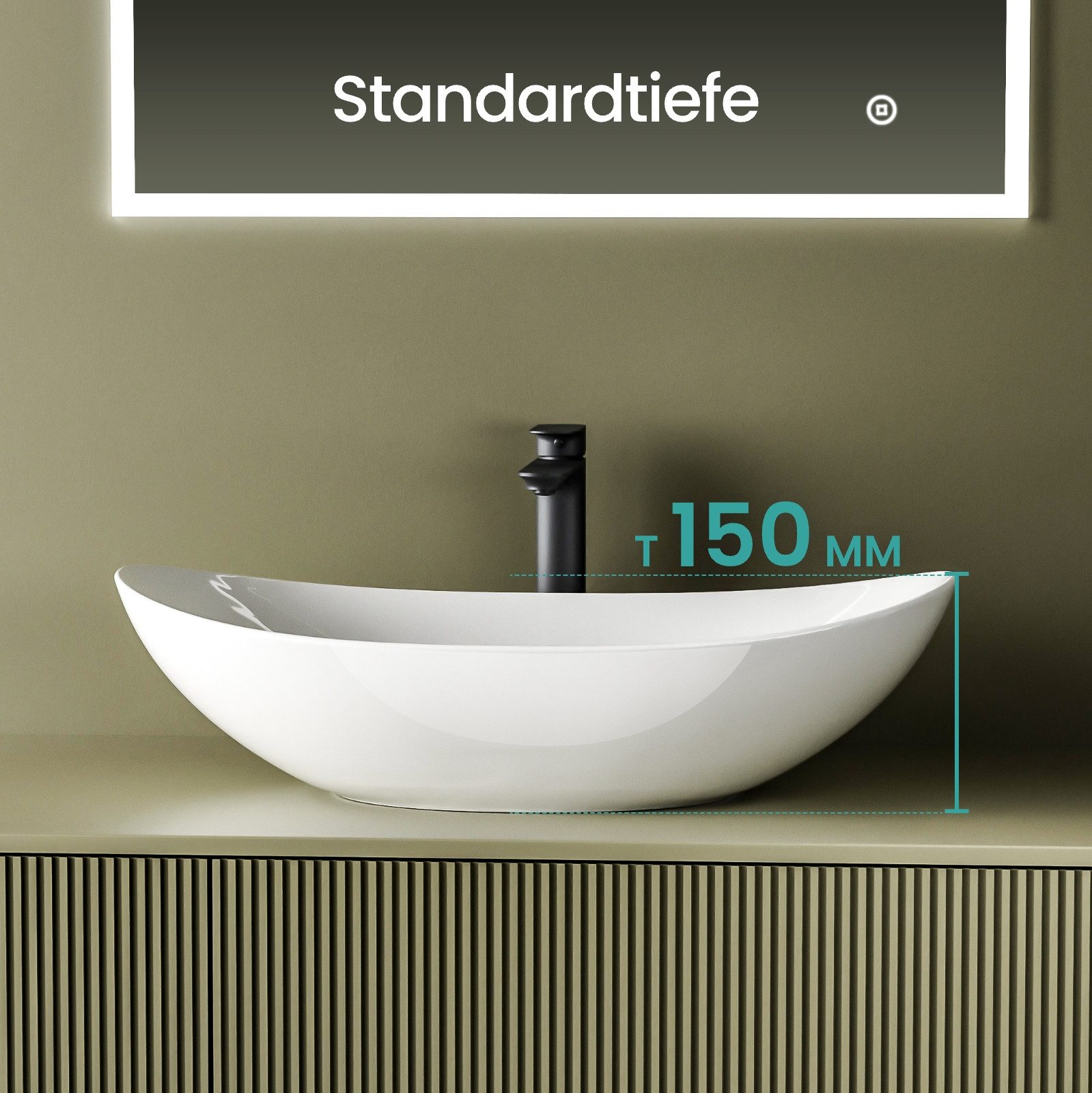EMKE Aufsatzwaschbecken Aufsatzwaschbecken Oval, Keramik mit Nanobeschichtung, 61 x 36 cm (Packung), ohne Überlauf, ohne Hahnloch–mit pflegeleichter,kratzfester Oberfläche