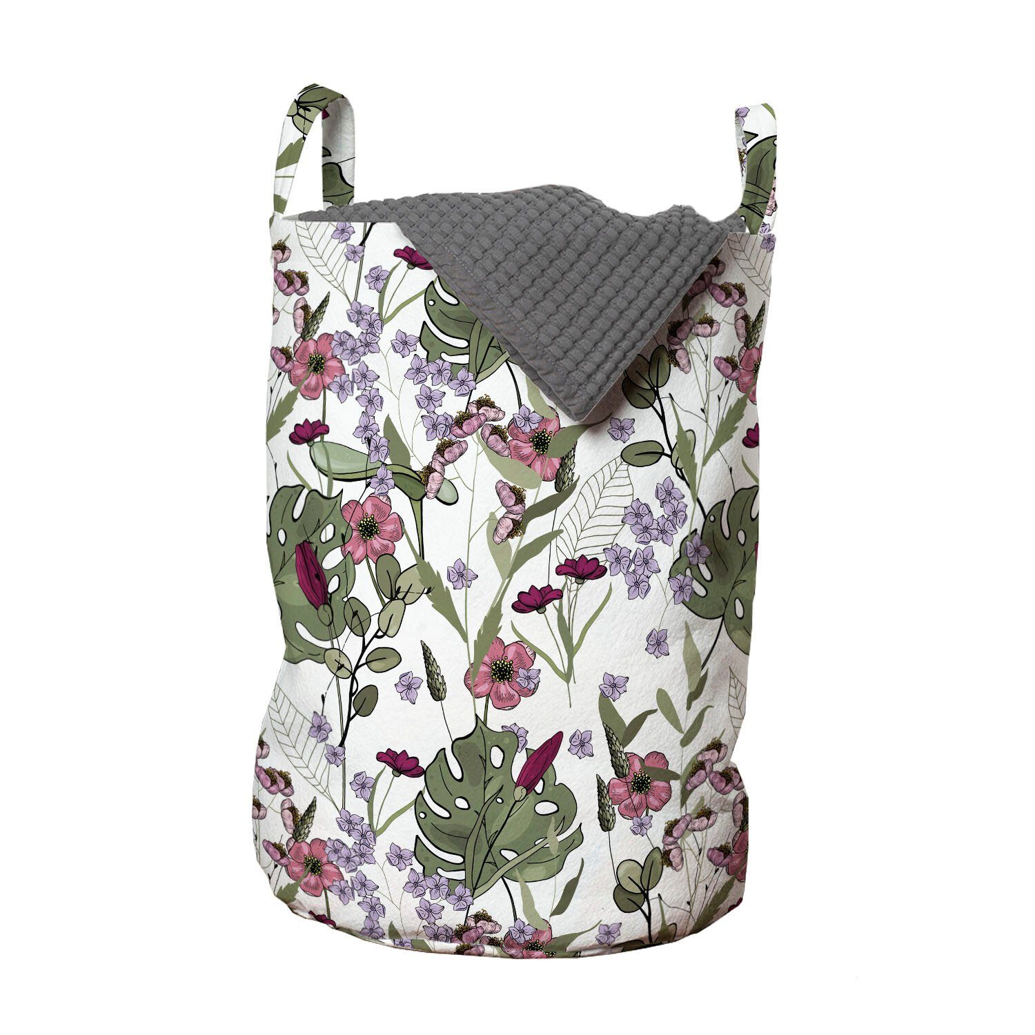 Abakuhaus Wäschesäckchen Wäschekorb mit Griffen Kordelzugverschluss für Waschsalons, Botanisch Monstera Blatt und Blumen