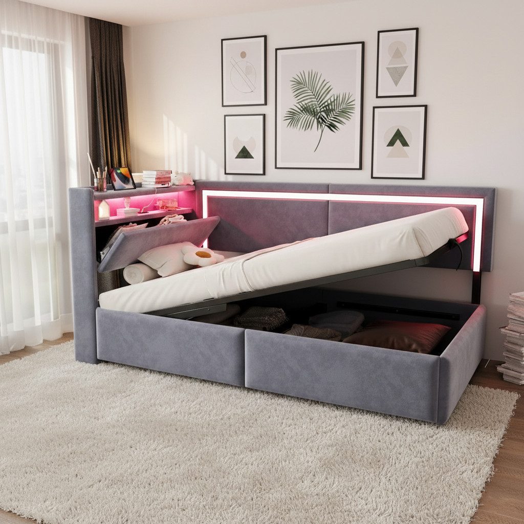 HAUSS SPOLE Schlafsofa 90x200 mit Bettkasten,Kinderbett Daybett mit LED und Regalen,Hellgrau, Polsterbett mit LED-Beleuchtung, USB-Ladeanschlüssen und hydraulischem Stauraumsystem unter dem Bett, Kinderbett 90x200 cm, ohne Matratze