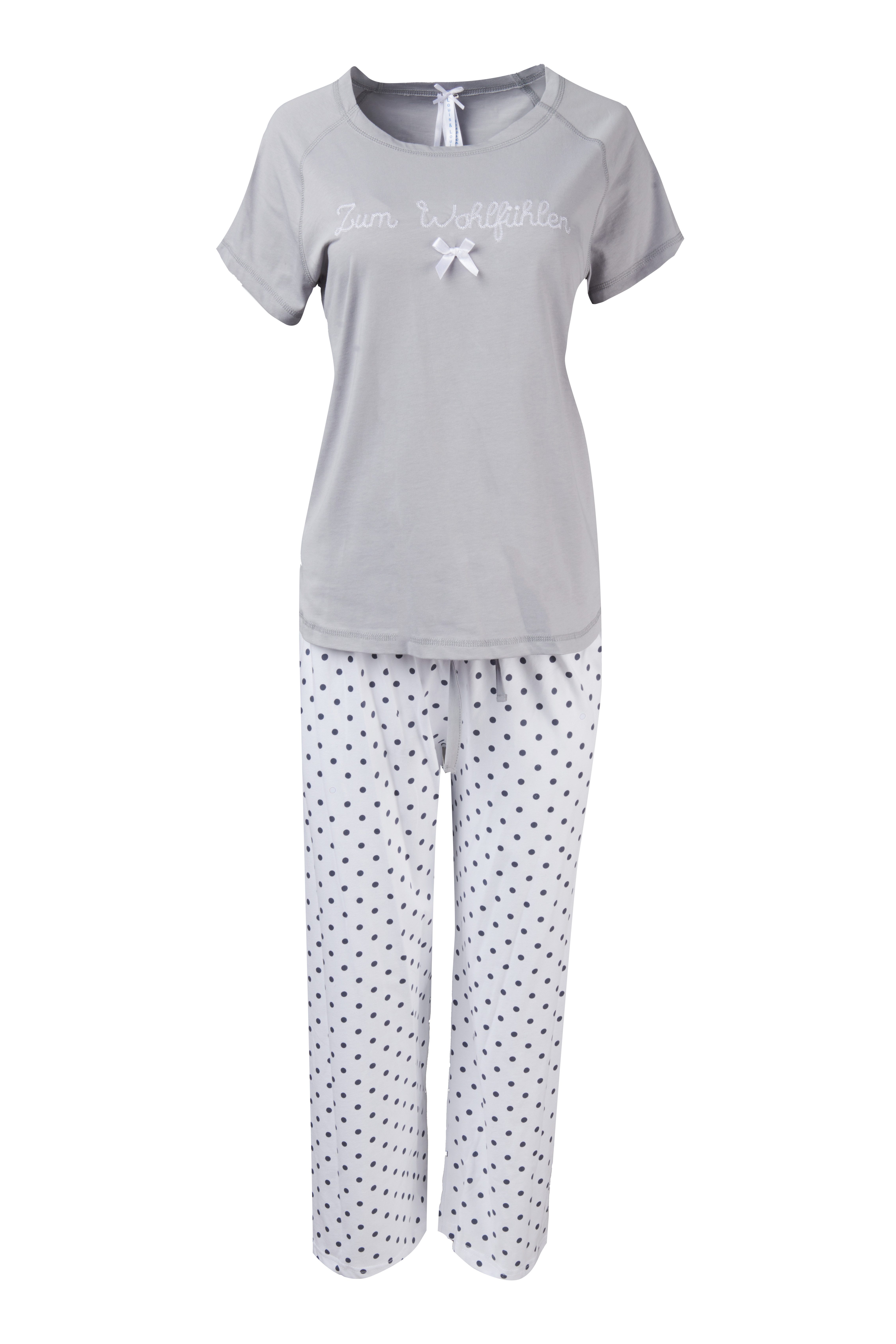 Louis & Louisa Capri-Pyjama Louis & Louisa Damen Pyjama Capri "Zum Wohlfühlen", grau /weiß allover