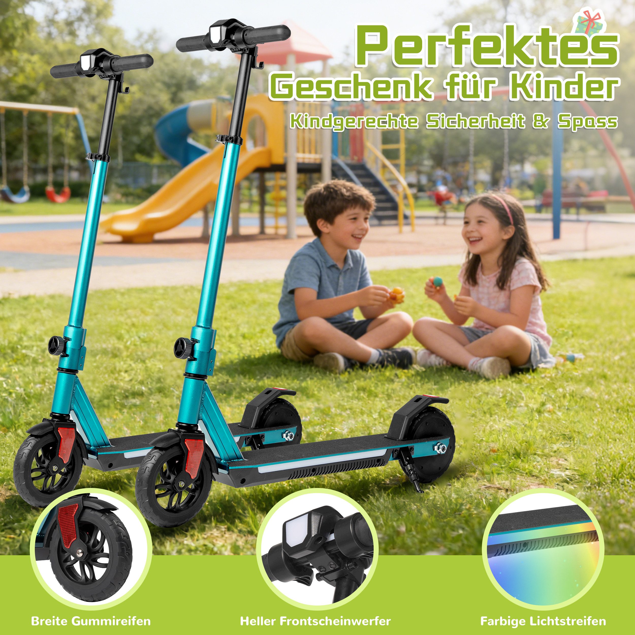 Vankel Elektro-Kinderroller Kinder E-Scooter, klappbar mit LEDs, 12-18km, Höhenverstellbar, Ab 6 Jahren, EBS & Fußbremse, mit Haken und hellem Frontlicht