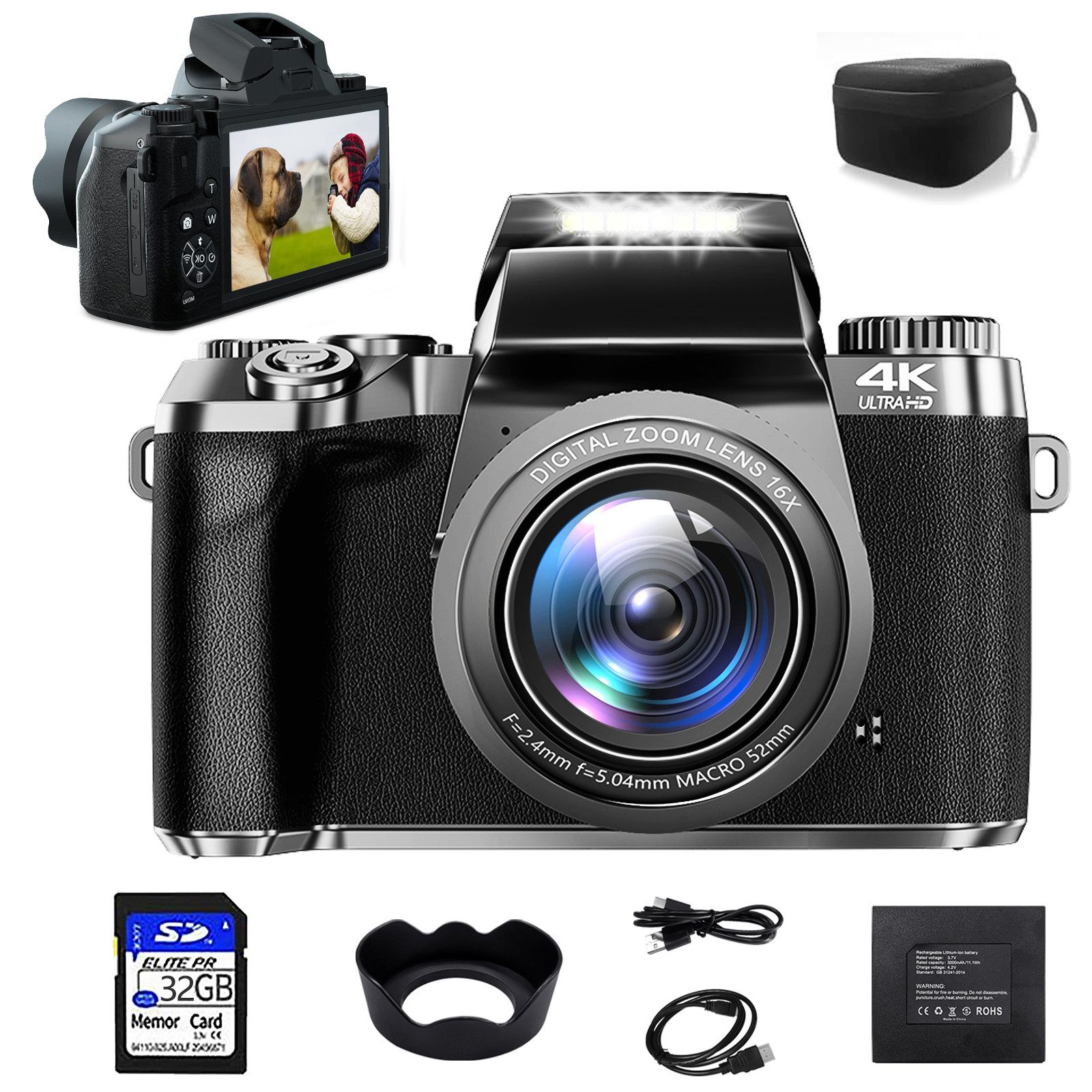 Digitalkamera 4K, 64MP Fotokamera mit 4.0" Touchscreen, Kompaktkamera