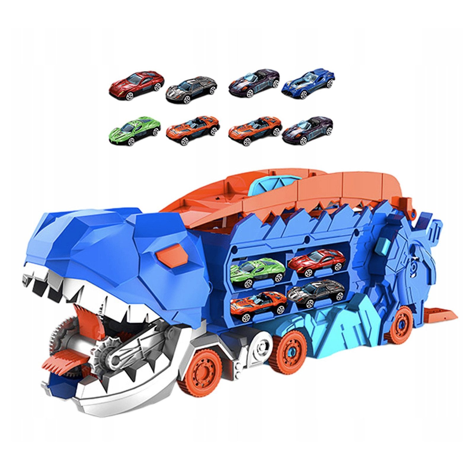 HAUSS SPOLE Spielzeug-Transporter Spielzeug-LKW,Dinosaurier Transporter Spielzeugtruck mit 8 Autos, (2-in-1 Spielset für Kinder ab 3 Jahren Aufbewahrung, 1-tlg., mit 8 Autos und Rennstrecke Dino-Rampe & Lernspielzeug), Geschenk für Jungen und Mädchen