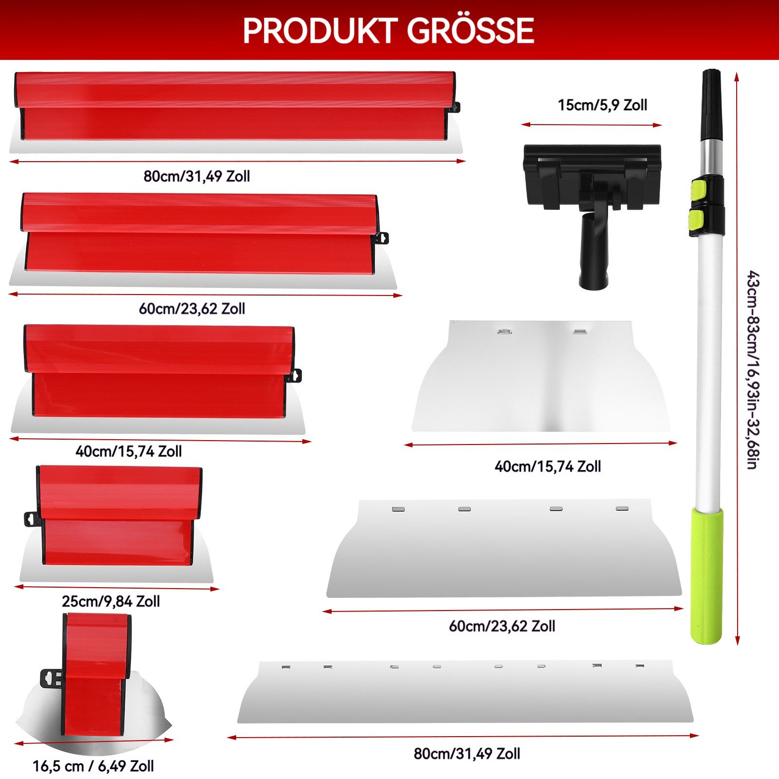 BlingBin Flächenspachtel Trockenbauklingen-Set & Profi Flächenspachtelset im Koffer – 10-teilig (Beschichtungsspatel, Abstreifer, Edelstahl Glättklinge, 10-St., Spachtel Werkzeug (16.5, 25, 40, 60, 80 cm), 40-60-80 Ersatzklingen) Edelstahl Trockenbau Spachtel Set für Konstruktionen, Wänden, Decken