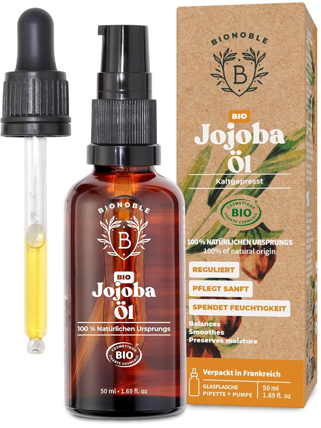 BIONOBLE Körperöl Jojobaöl Bio Kaltgepresst 100% Rein Vegan & tierversuchsfrei, Reguliert Sebum, Pflegt Sanft, Anti-Pickel - Jojobaöl Haare