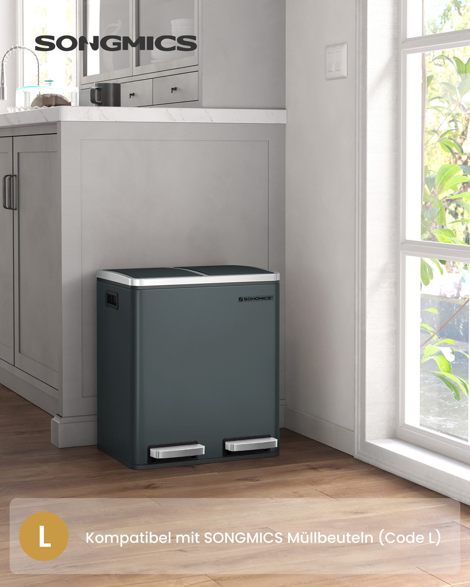 SONGMICS Mülleimer 2 Fächer, Mülltrennsystem, Treteimer, Abfalleimer Küche, 15 Müllsäcke, 2 x 15 L, Inneneimer aus Kunststoff, Klappdeckel, Softclose, luftdicht