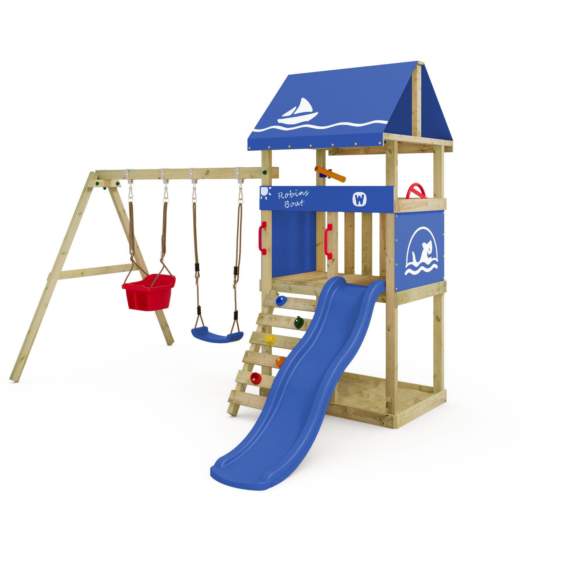 Wickey Klettergerüst DinkyHouse Spieltur mit Schaukelanbau, Sandkasten und Kreidetafel, (Garten-Spielhaus mit überdachter Plattform, Sandkasten & Rutsche, Robuster Kletterturm für Kinder mit flexiblen Anbauteilen), Unvergessliche Erlebnisse für Kinder mit 10 Jahren Garantie*