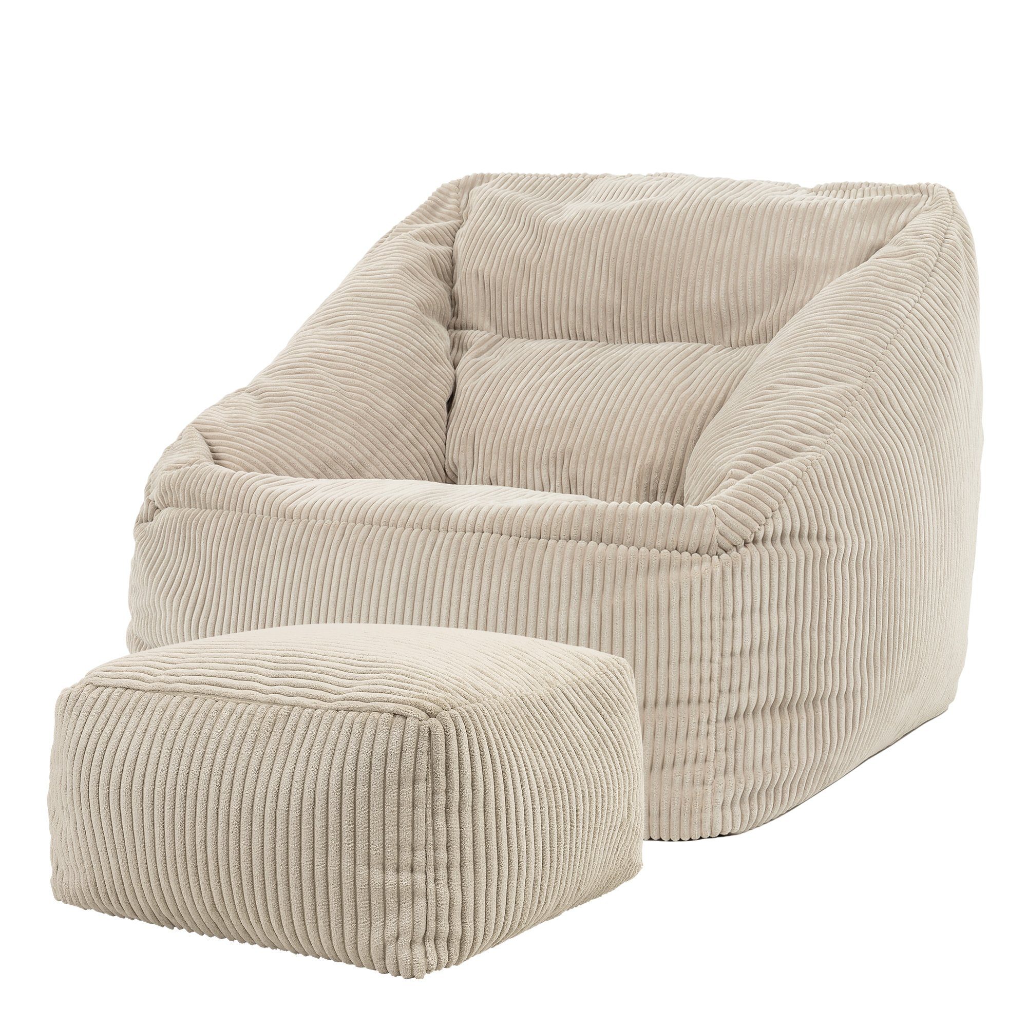 icon Sessel Riesen Sessel aus Cord Flauschig „Natalia" mit Hocker (Spar-Set, 1 x Sitzsack-Sessel, 1 x Fußhocker), Sitzsack XXL, Made in Germany, für Erwachsene & Kinder, für Wohnzimmer