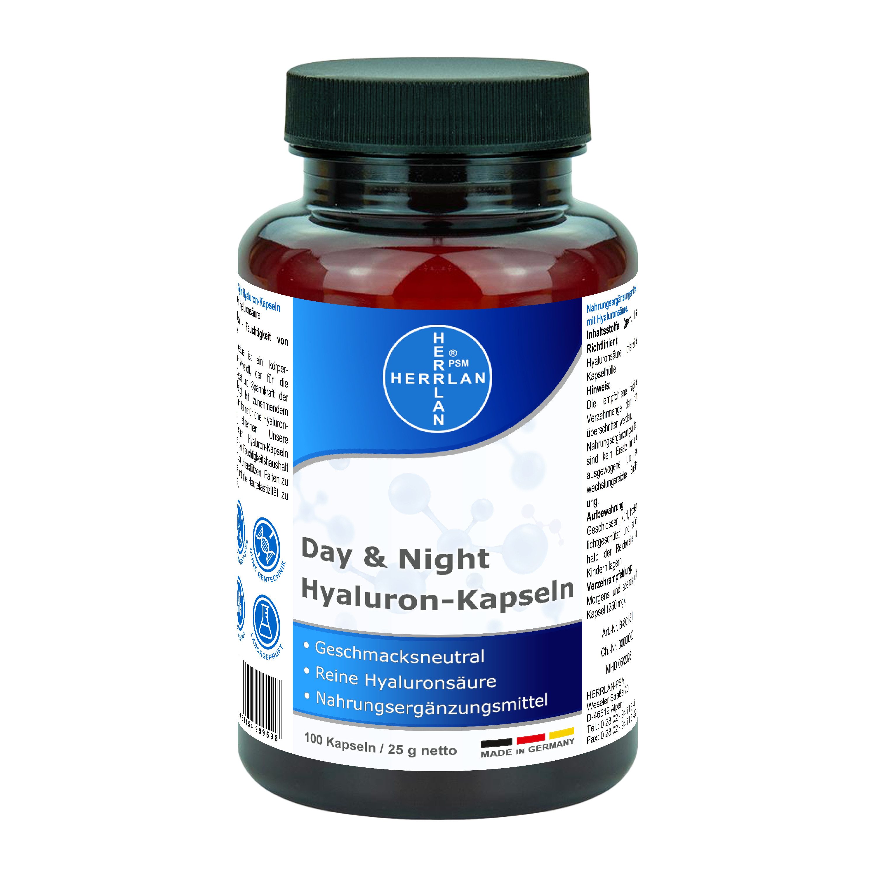 HERRLAN Hyaluron Day & Night Kapseln, 100 St., 25 g, Hochdosierte Hyaluronsäure 250 mg je Kapsel