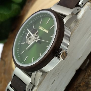 Holzwerk Automatikuhr CREUSSEN Herren Edelstahl & Holz Armband Uhr, silber, grün, schwarz