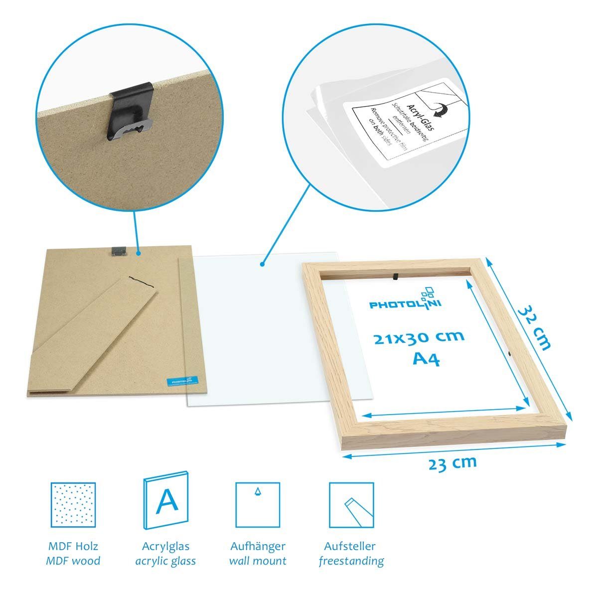 PHOTOLINI Bilderrahmen 4er Set 21x30 cm / DIN A4 Poster-Rahmen, zum Aufhängen & Aufstellen, für 4 Bilder (4er Set), MDF Holz, bruchsicheres Acrylglas & Zubehör, – Bild 5 von 5