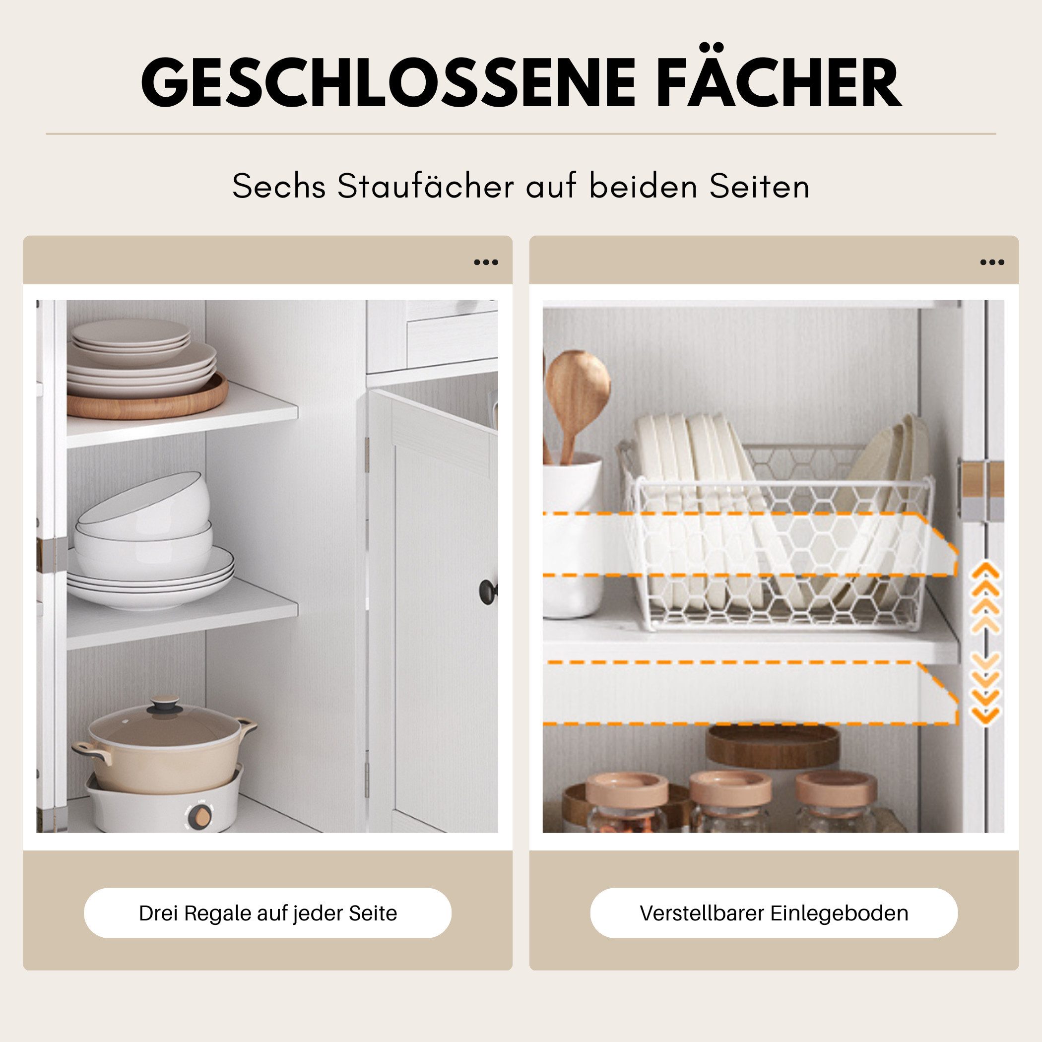 SeedWave Anrichte Modern Küchenbuffet Mehrzweckschrank Beistellschrank mit Viel Stauraum, Türregale mit Schutzgeländern, Wandhalterung für Anti-Kipp Funktion – Bild 4 von 5