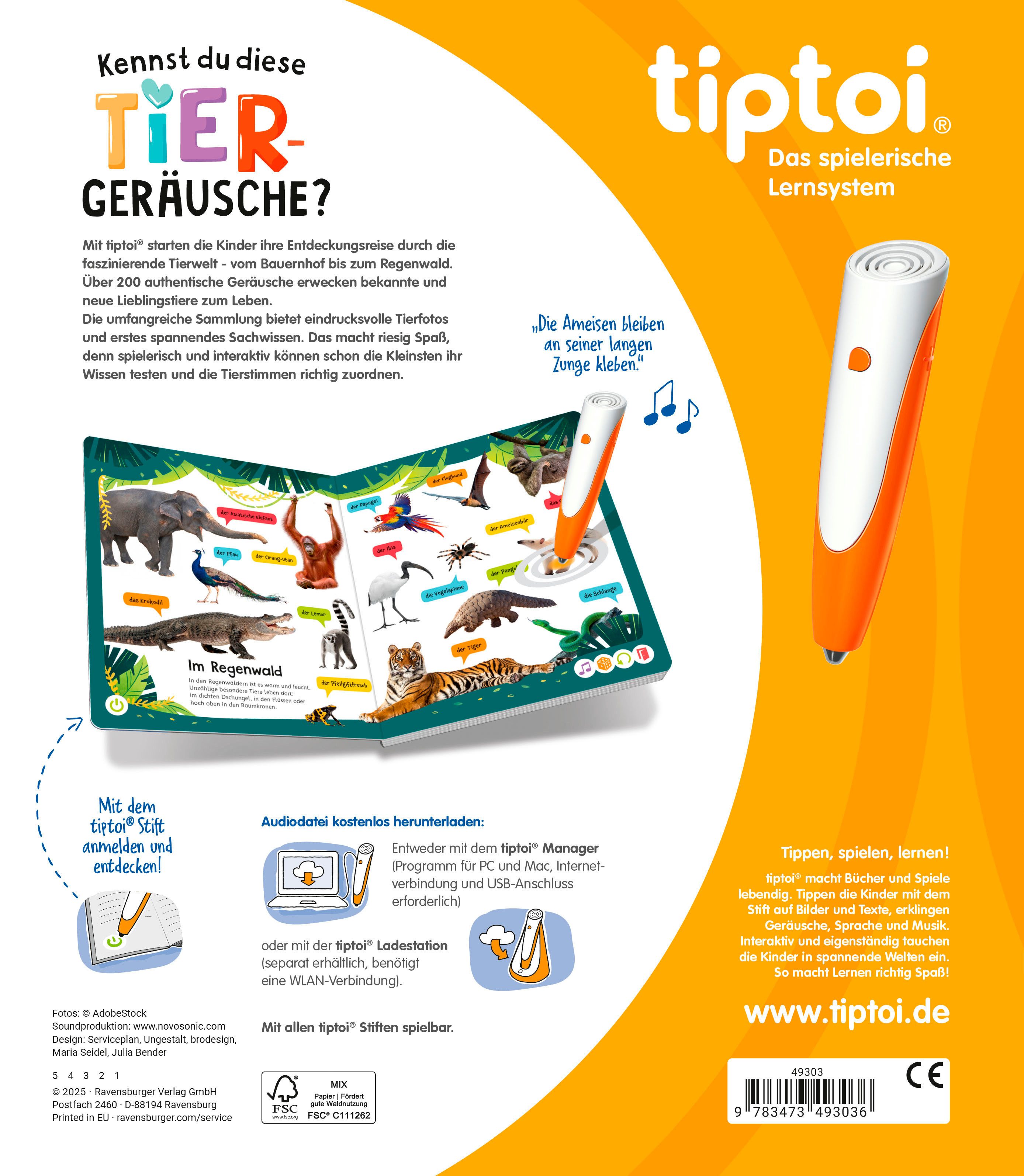 Ravensburger Kinderbuch tiptoi® Kennst du diese Tiergeräusche?, Made in Europe