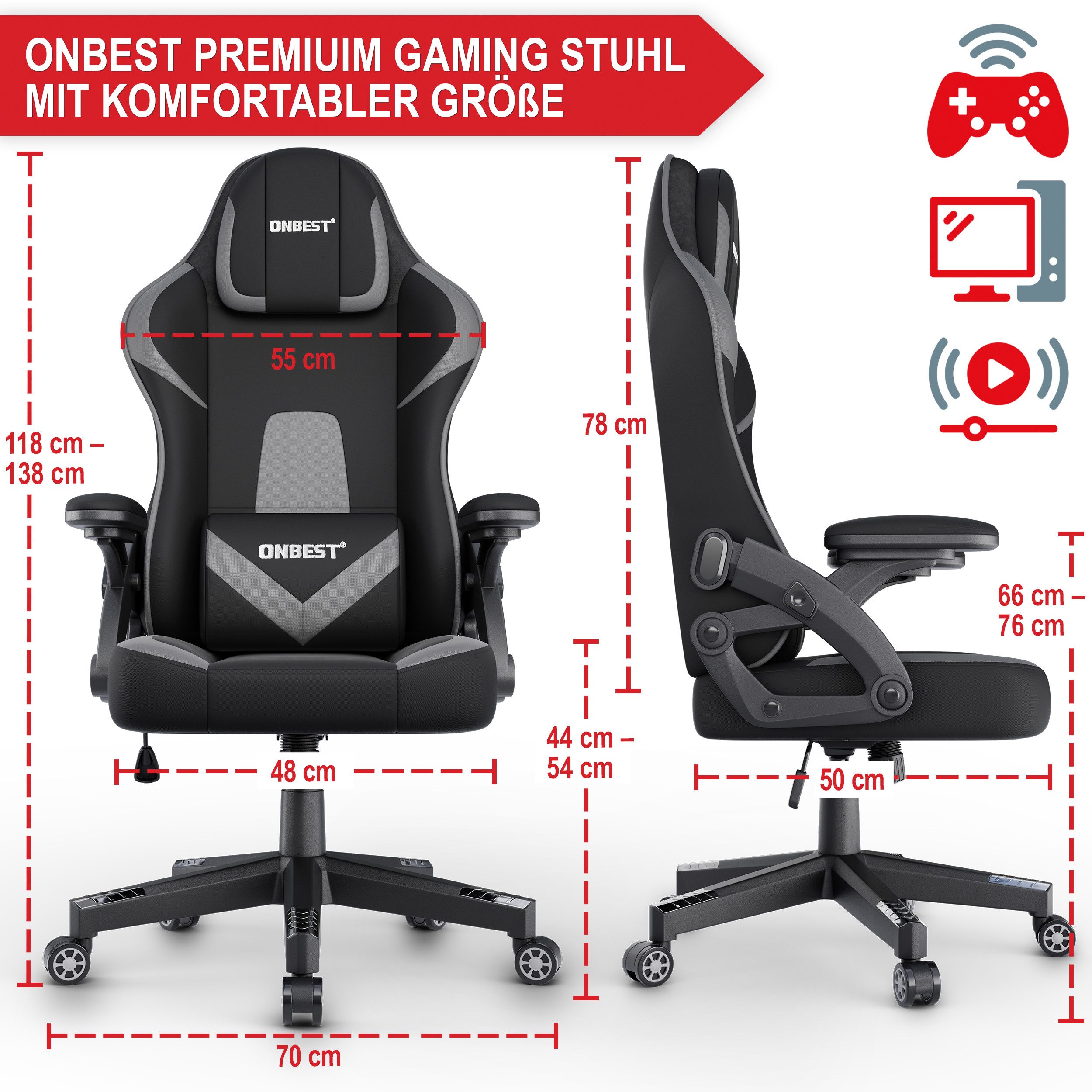 Onbest Gaming-Stuhl ergonomisch mit Lordosenkissen bis 150kg, 360°, verstel günstig online kaufen