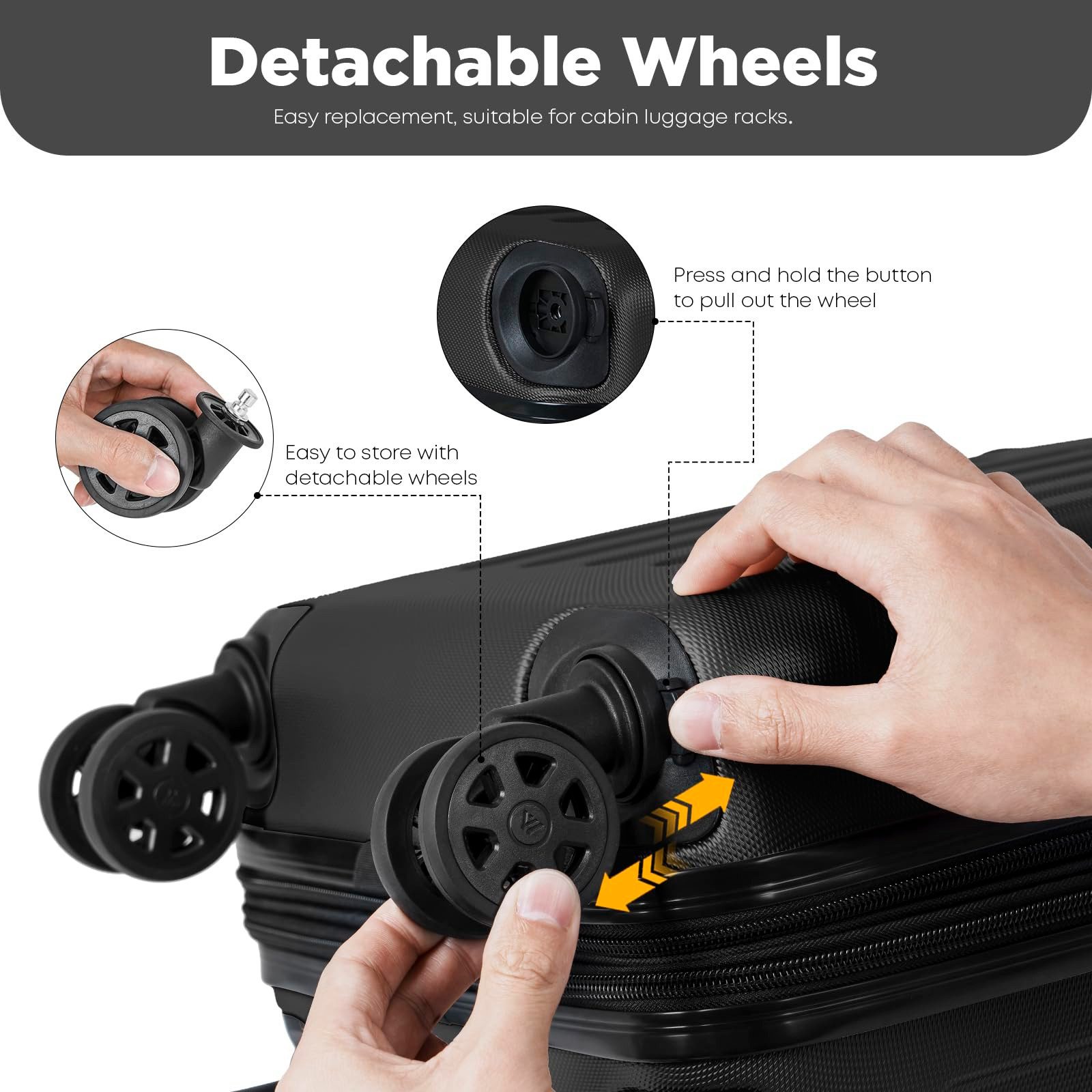 YONSLY Handgepäckkoffer Kabinenkoffer Reisekoffer Trolley mit abnehmbaren Rollrädern, 4 Rollen, ABS-Hartschale mit Zahlenschloss und ergonomischem Gummigriff