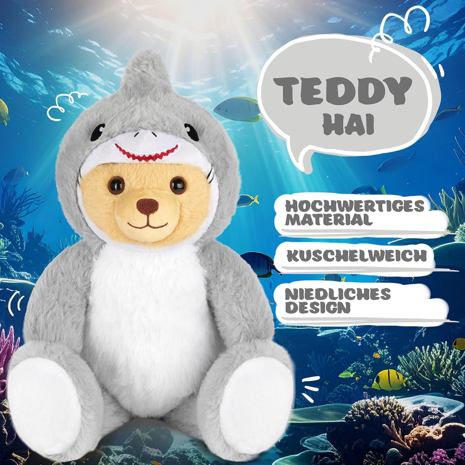 BRUBIES Kuscheltier Teddy Hai - 25 cm Teddybär im Haikostüm mit Kapuze (Gra günstig online kaufen