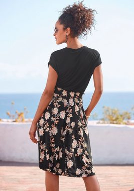 LASCANA Jerseykleid mit Paperbag-Bund und bedrucktem Rock, kurzärmliges Sommerkleid