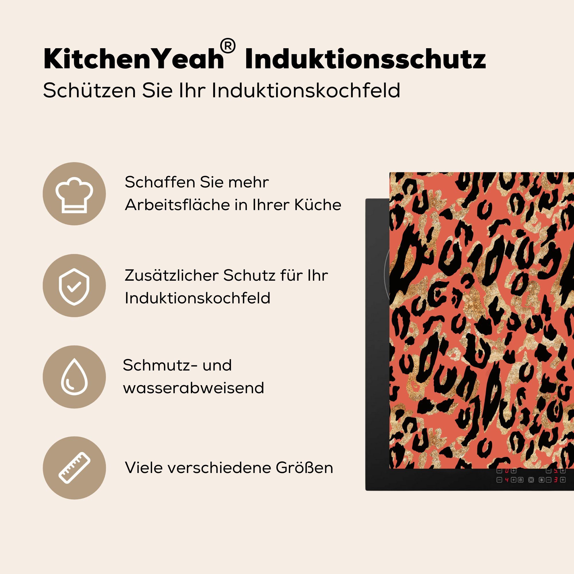 Gold Induktionsmatte - (1 Luxus, Herdblende-/Abdeckplatte cm, tlg), für Pantherdruck Rosa - küche, Ceranfeldabdeckung die MuchoWow 59x52 Vinyl, -
