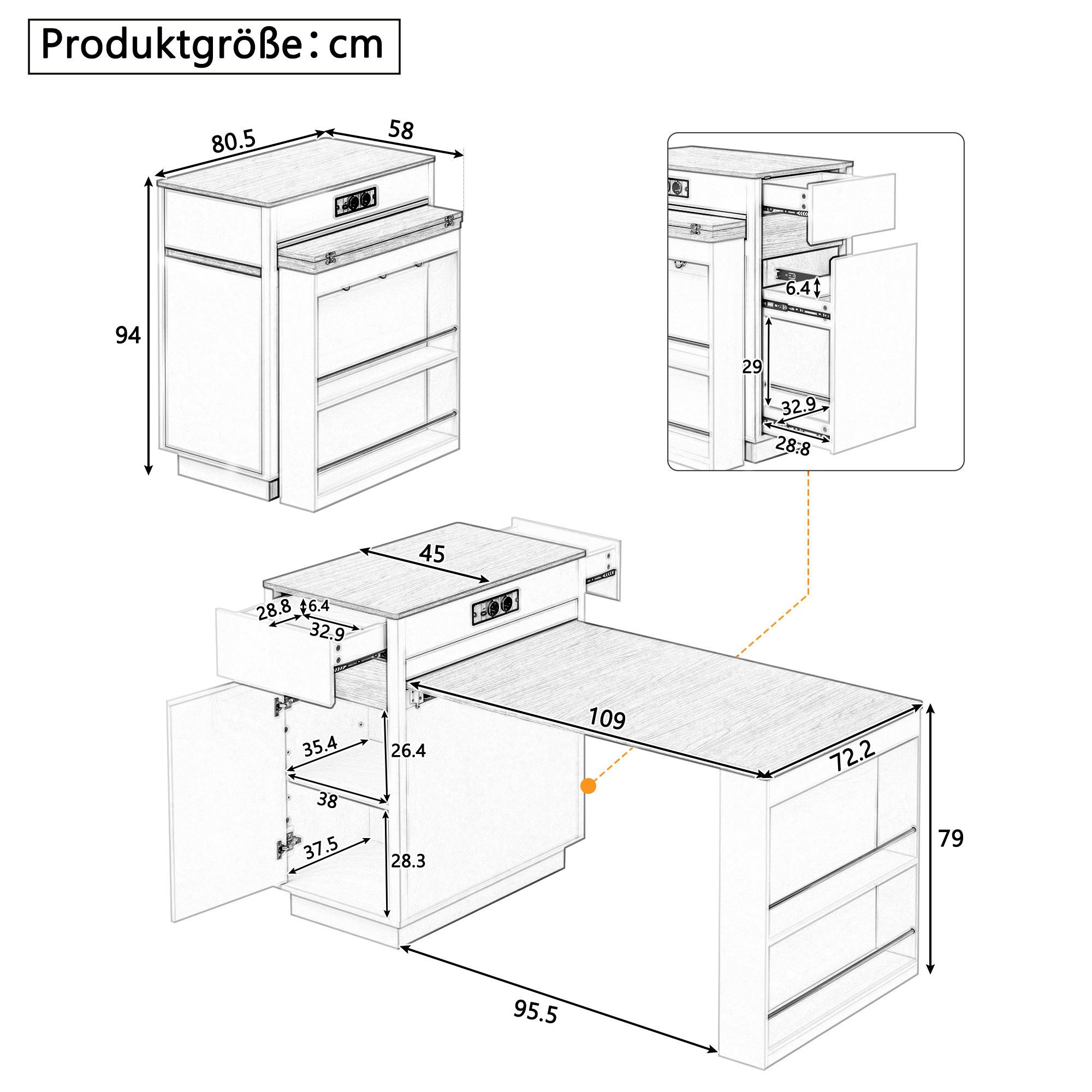 Odikalo Kücheninsel Küchenschrank Küchenbuffet mit ausziehbares Tischblatt Stauraum, (58-154×80.5×94cm(L×W×H)Kücheninsel mit LED Rollen Ausziehbarer Esstisch mit faltbarer Tischplatte Bartisch mit Steckdosenleisten und Haken, dient als Kücheninsel Sideboard oder Bartisch)