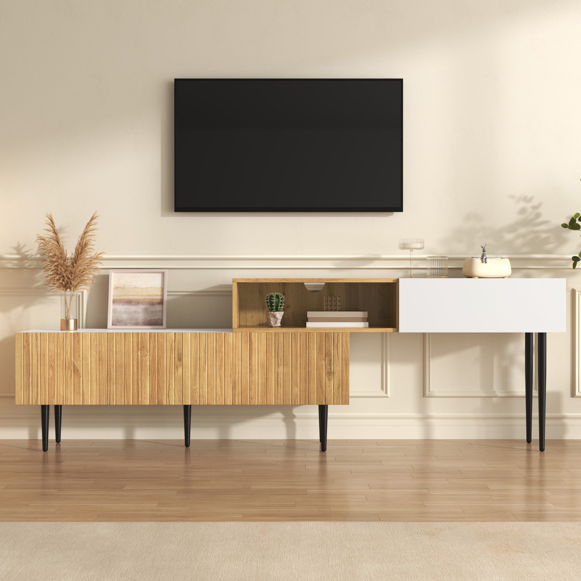 Merax Lowboard mit schwarzen Metallbeinen, in Holzoptik & Weiß (1 St., 120+120x30x63,5cm), TV-Schrank mit 2 Klapptüren, verdeckten Staufächern & offenen Regalen