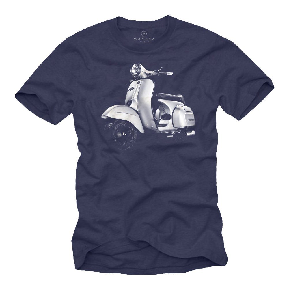 MAKAYA T-Shirt Herren Vintage Hippie Roller Motiv 60er 70er 80er Jahre Scooter Männer mit Druck, aus Baumwolle Blau