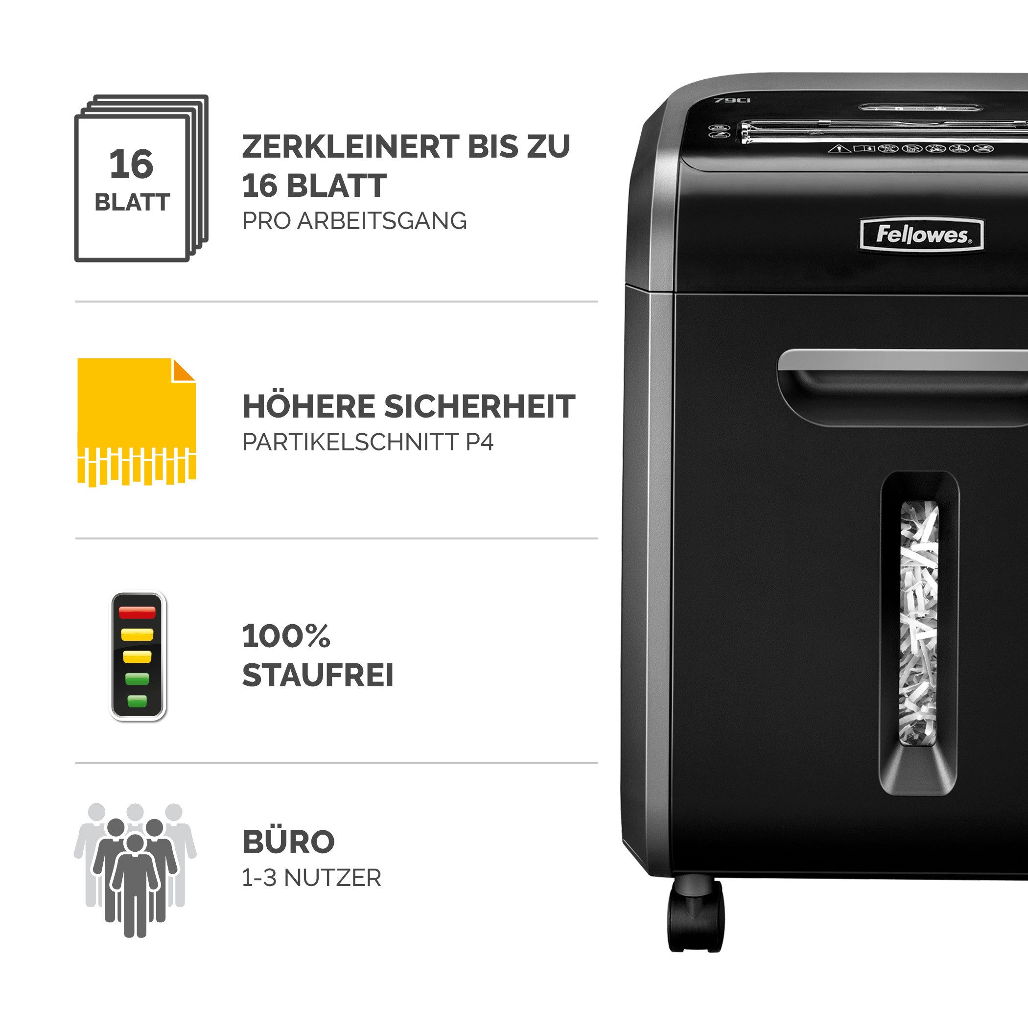 FELLOWES Aktenvernichter Fellowes Aktenvernichter 79Ci Partikelschnitt 4x38mm P4 mit Rollen, SafeSense, SilentShred, 100% staufrei, Energie-Spar, Partikel P-4, 23L