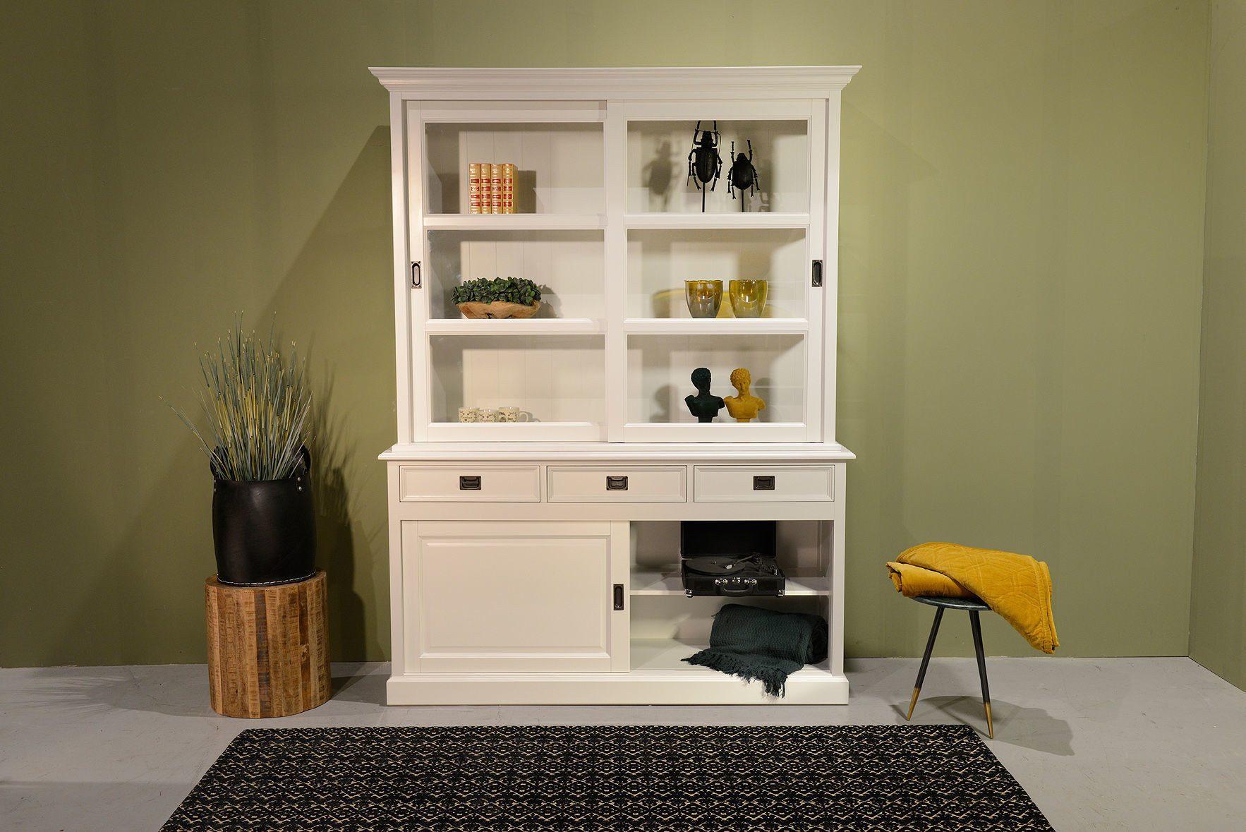 Wohnpalast Standvitrine Landhaus Vitrinen Schrank Neuss 180 cm weiß mit Glasschiebetüren