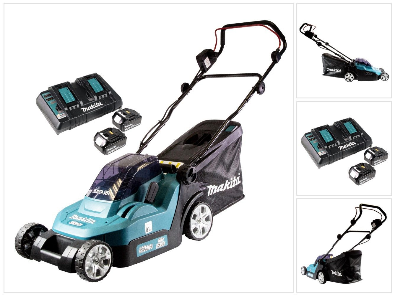 Makita Akkurasenmäher DLM 382 PF2 Akku Rasenmäher 36 V (2x 18 V) 38 cm 40 l + 2x Akku 3,0