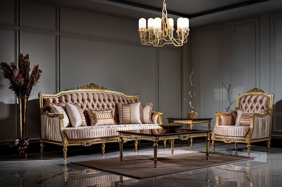 - Möbel Padrino dekorativen Barock Gold Luxus / Sofa Sofa Casa / Barock Kissen Rosa mit Weiß Wohnzimmer Sofa Handgefertigtes -