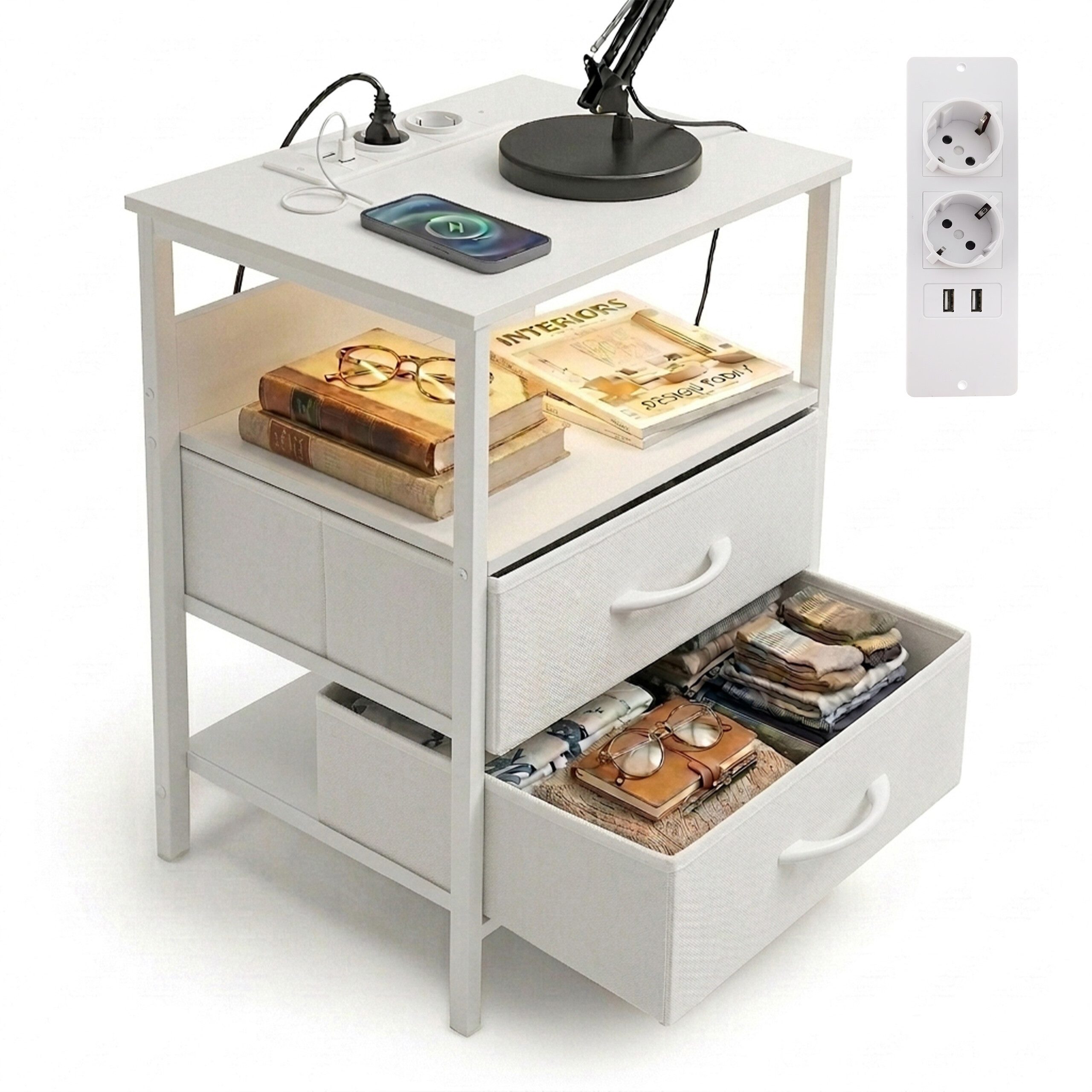 relaxdays Nachttisch Beistelltisch mit LED & USB-Anschluss (1-St), weiß