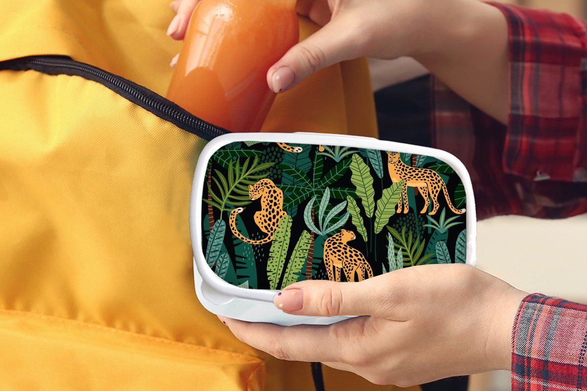 - - Brotdose, (2-tlg), Pflanzen, und Kunststoff, MuchoWow Lunchbox Panther Erwachsene, Jungen und Jungs Brotbox Muster für für - Kinder Mädchen Mädchen - weiß Dschungel -