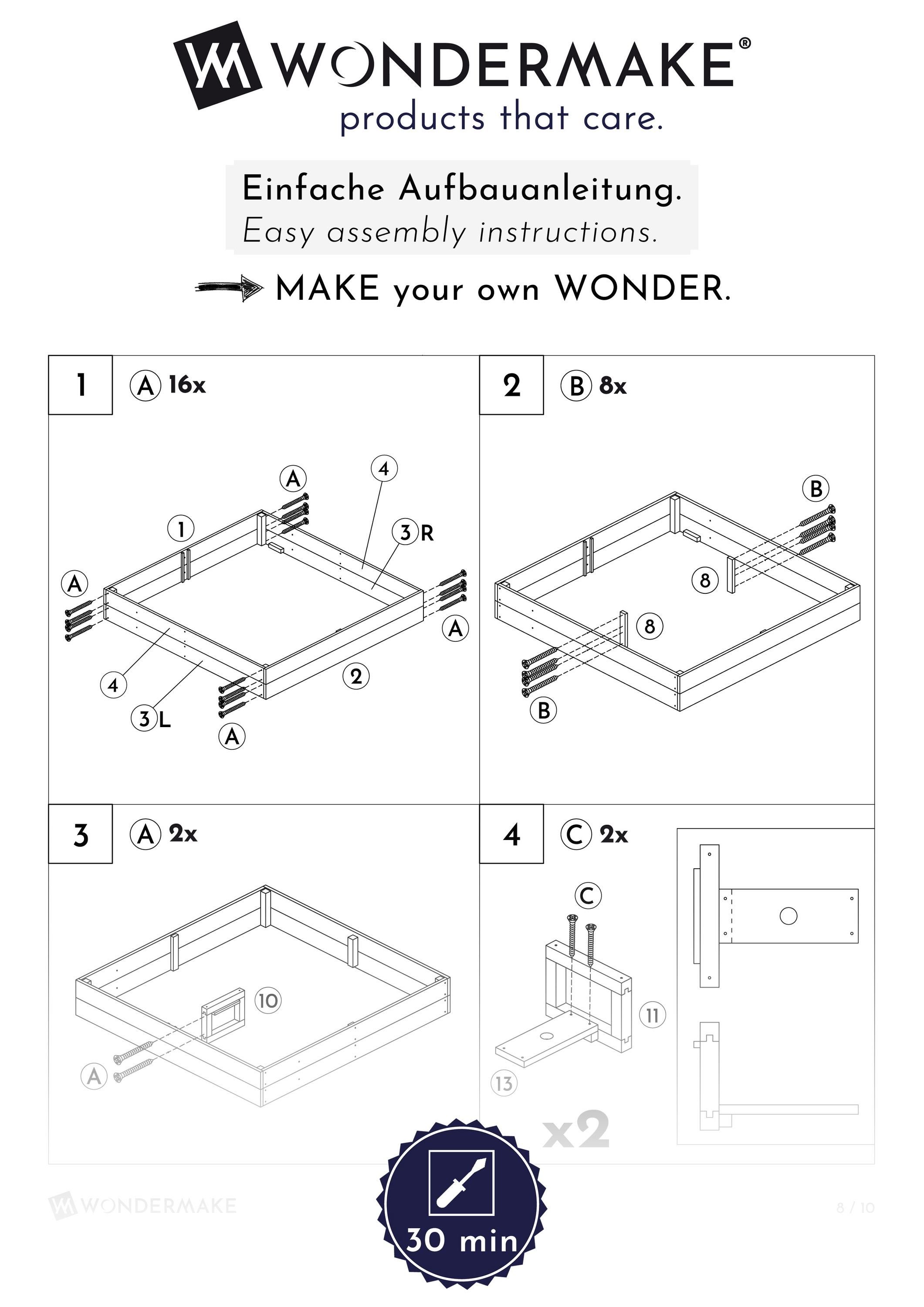WONDERMAKE Sandkasten mit Abdeckung, 2x Matschküche, Boden Vlies, Sandkiste Holz Deckel bunt, Design mit Bank quadratisch verschließbar Outdoor Garten schwarz bunt