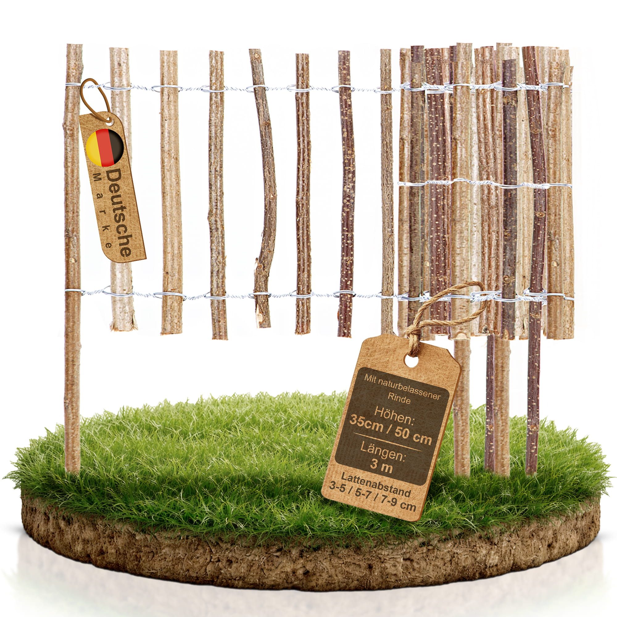 BooGardi Beetumrandung Beeteinfassung Steckzaun Staketenzaun mit Rinde, LxH: 300x35 cm, 35 cm hoch x 300 cm lang Lattenabstand 7-9cm · 6 Größen, Mini Zaun · Kleiner Gartenzaun zum Stecken · Holz · Garten