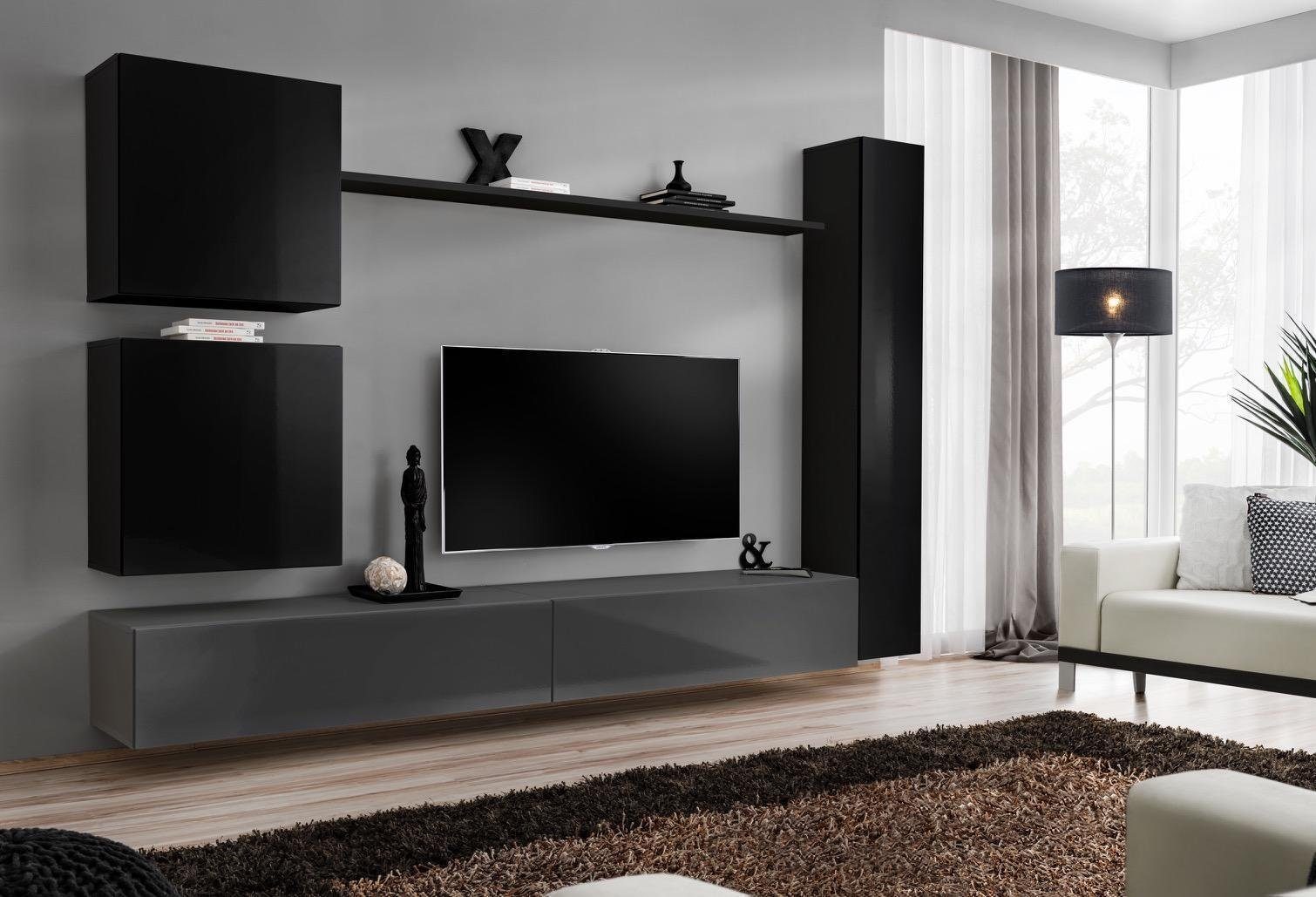 JVmoebel Wohnzimmer-Set Wandschrank (7-St., 2x Wohnzimmermöbel Ständer + Wohnwand 1x Wandregal), Designer, + + 3x TV Set Made 1x in Wandschrank Wohnwand Europa 6tlg