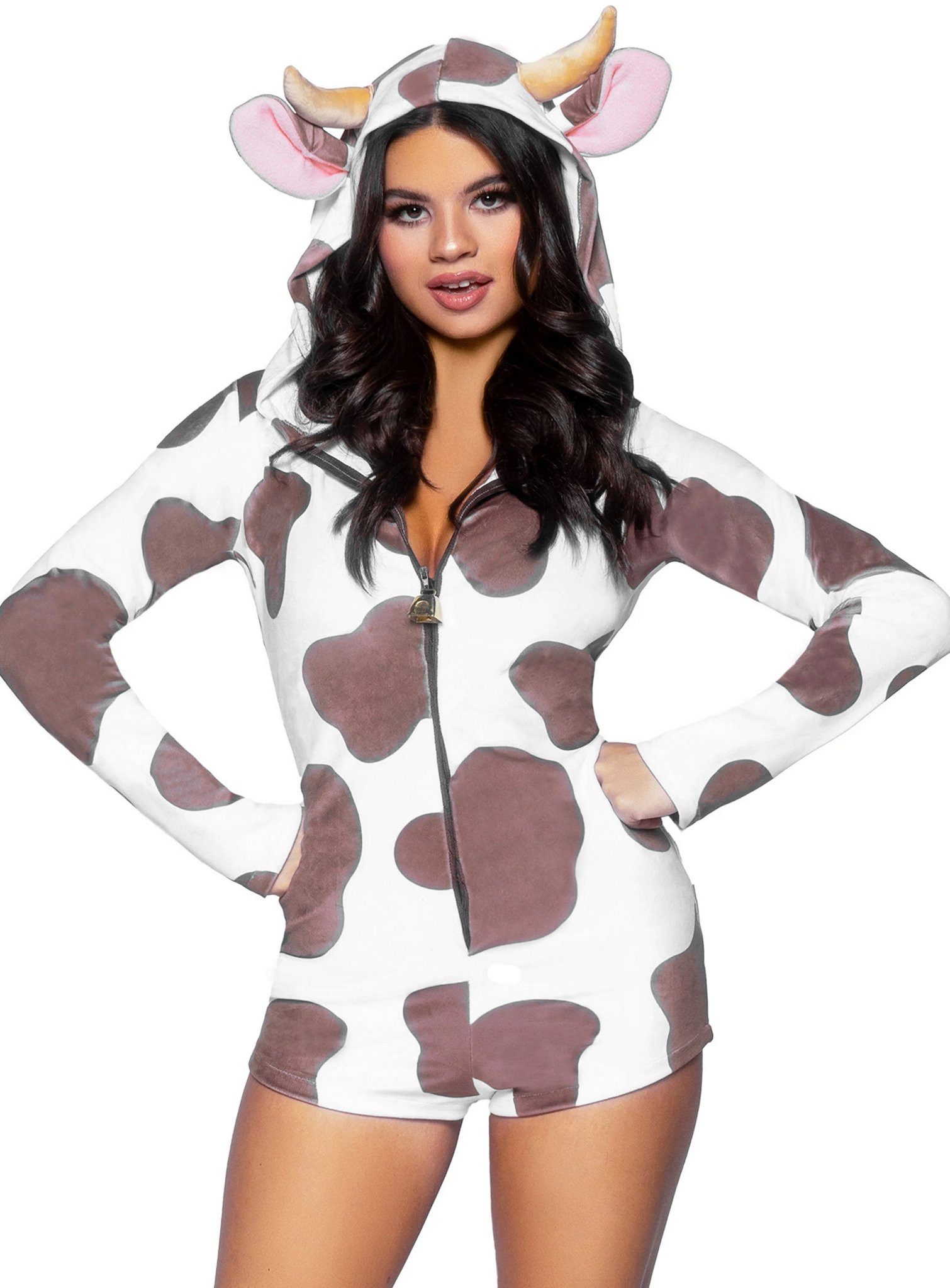 Leg Avenue Kostüm Crazy Cow Kapuzenbody, Bequemer Kostümbody im Look einer gefleckten Kuh