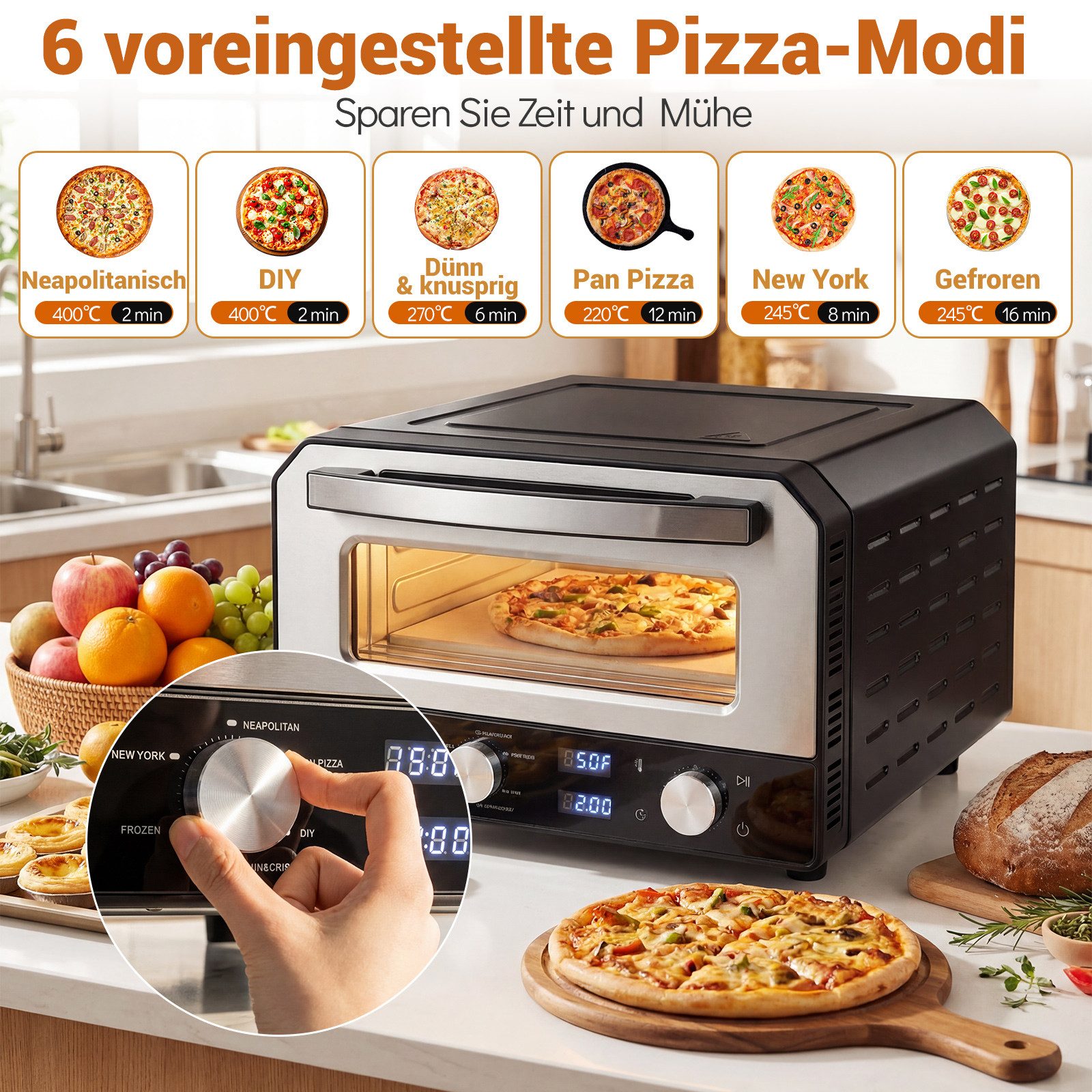 COSTWAY Pizzaofen, 1700W, mit 6 Voreinstellungen, bis zu 400℃, elektrisch