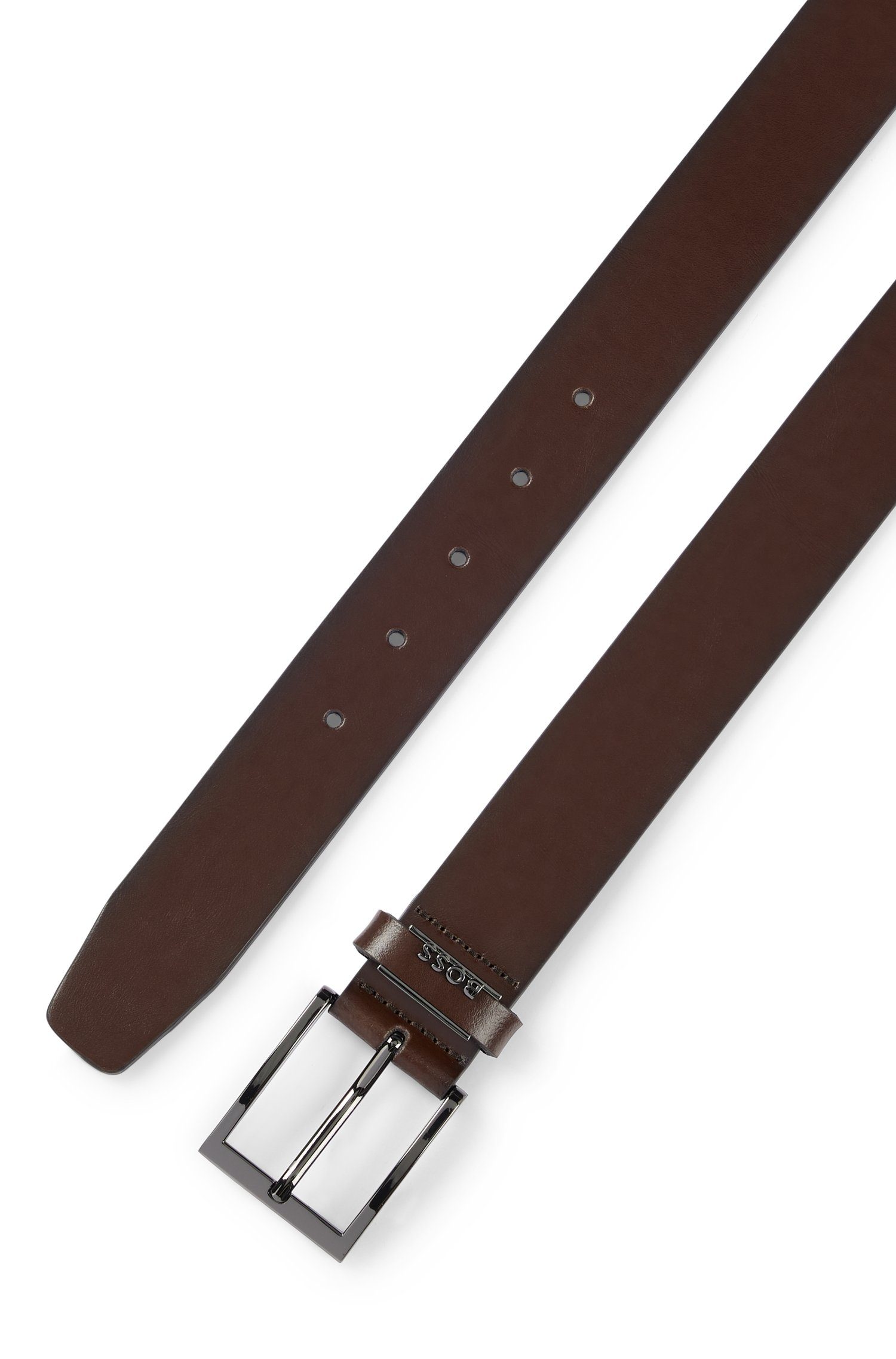 BOSS Ledergürtel Cole-Ant_Sz35 mit Dark_Brown schlichter Metall mit Schlaufe BOSS-Schriftzug und Metallschliesse