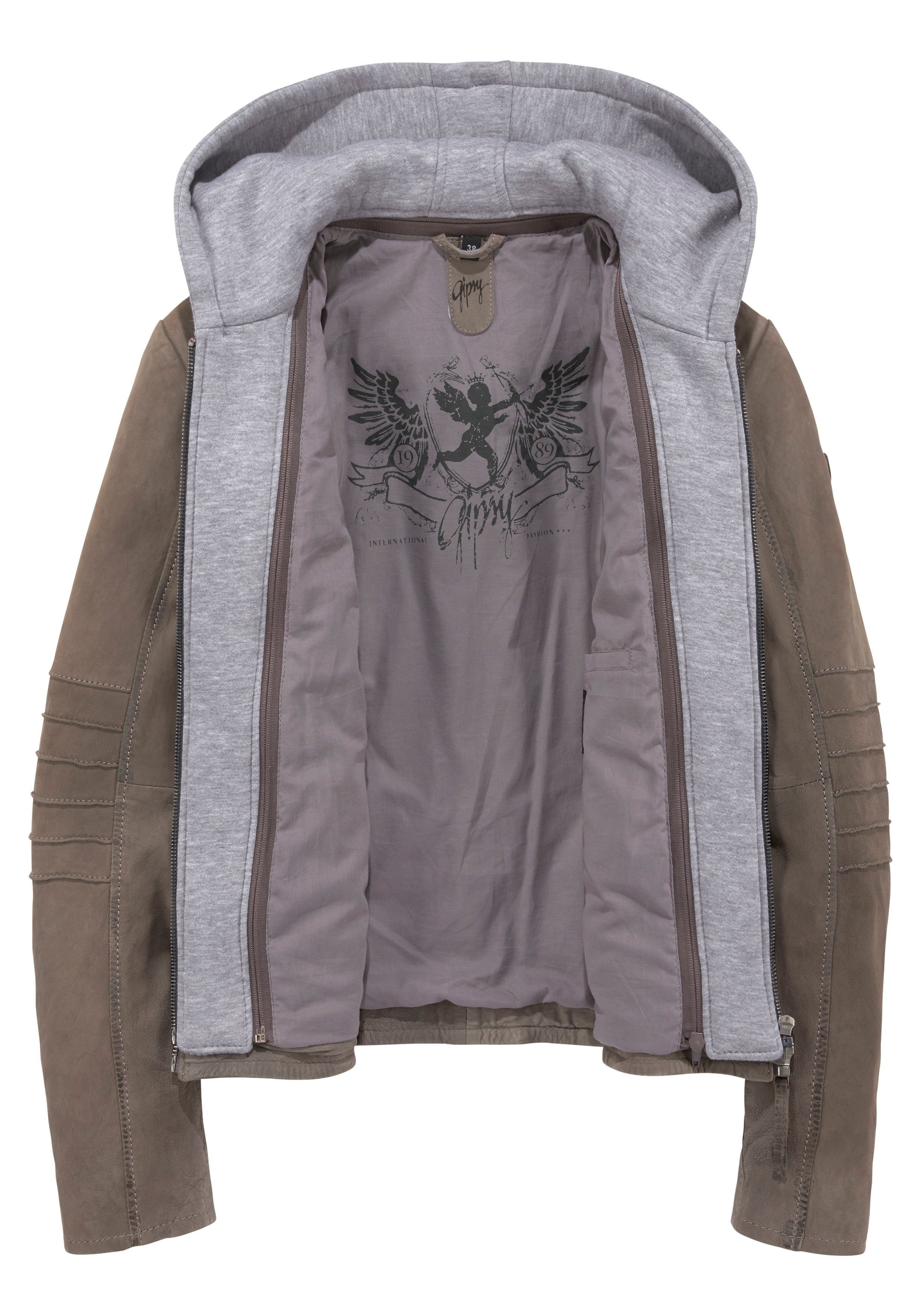 abnehmbarer - Style Lederjacke Jersey-Kapuze NOLAH grey mit Two-in-One Gipsy