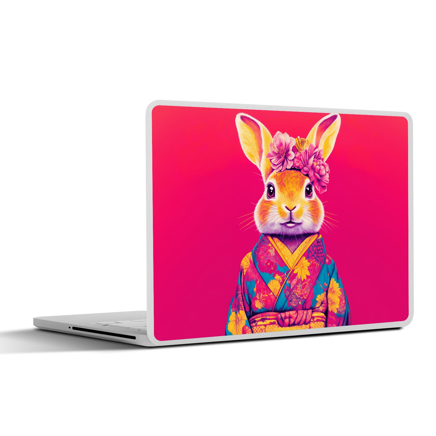 MuchoWow Laptop-Aufkleber Kaninchen - Blumen - Farbenfroh - Kimono, (1tlg), Laptop Folien Cover, Aufkleber, Sticker, Schutz vor Kratzern, 25x18 cm