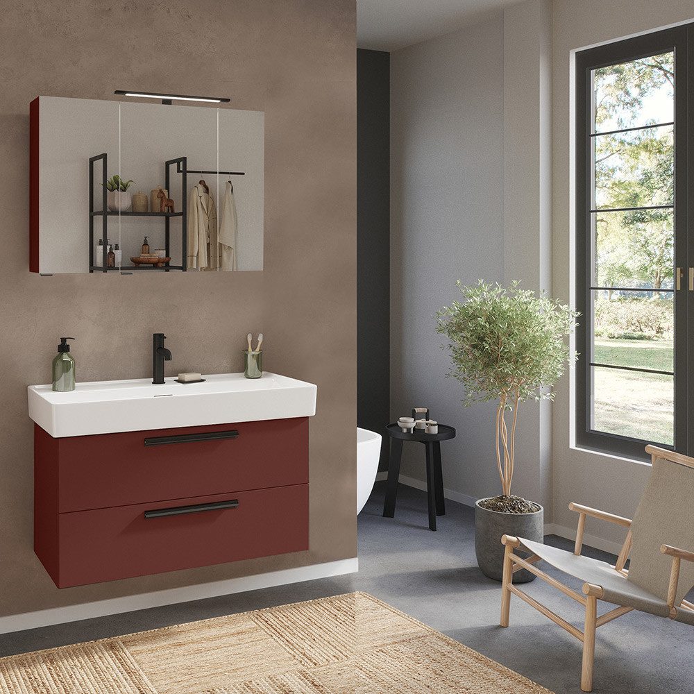 Lomadox Badmöbel-Set ATELLA-03, (Spar-Set, 2-St., Waschtisch Spiegelschrank), in rot, mit 100 cm Waschbecken, Breite 100 cm, 3-türiger Spiegel