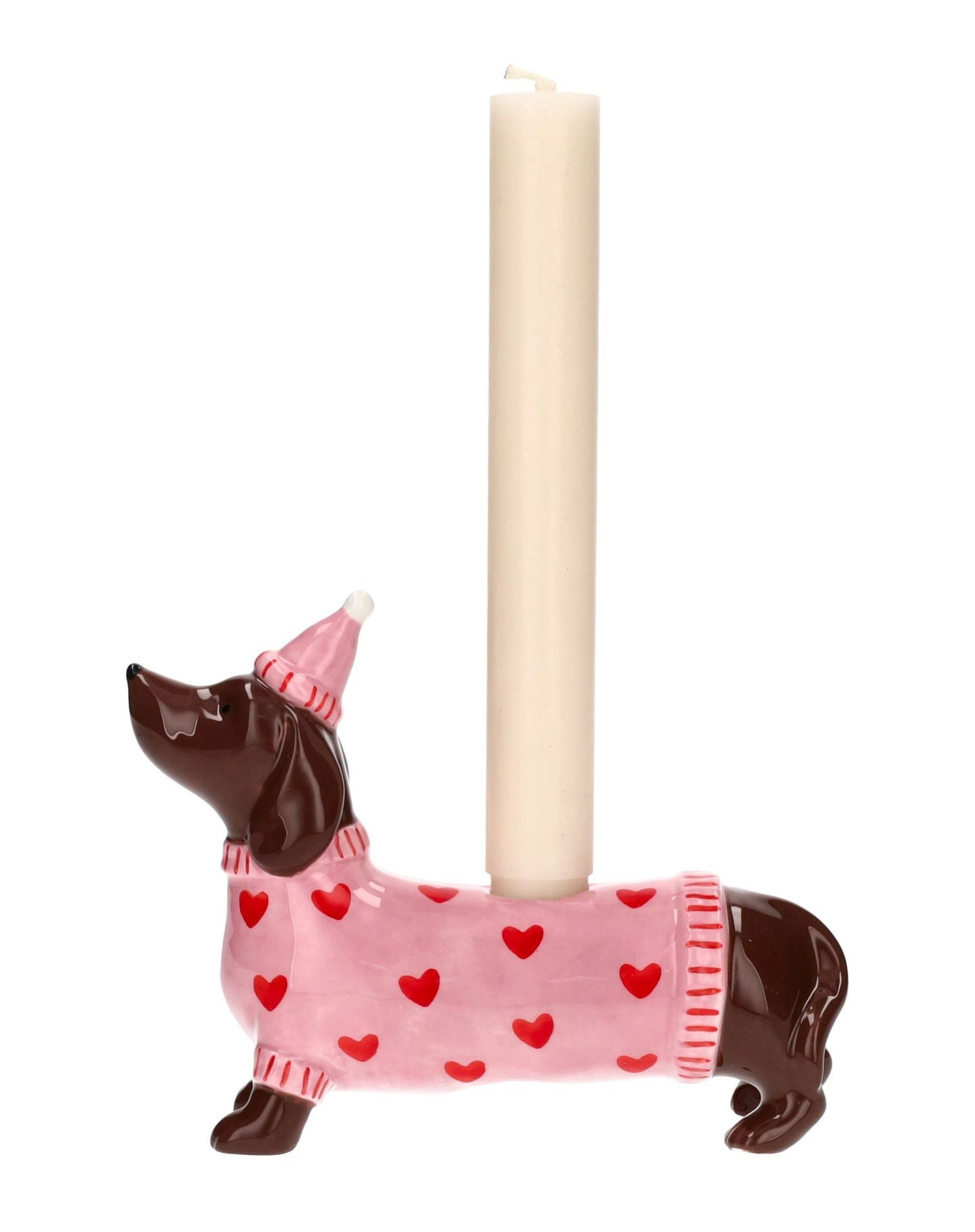 Giftcompany Kerzenhalter Giftcompany - Kerzenhalter Dackel "Mignon" mit Mütze und Herzen Rosa